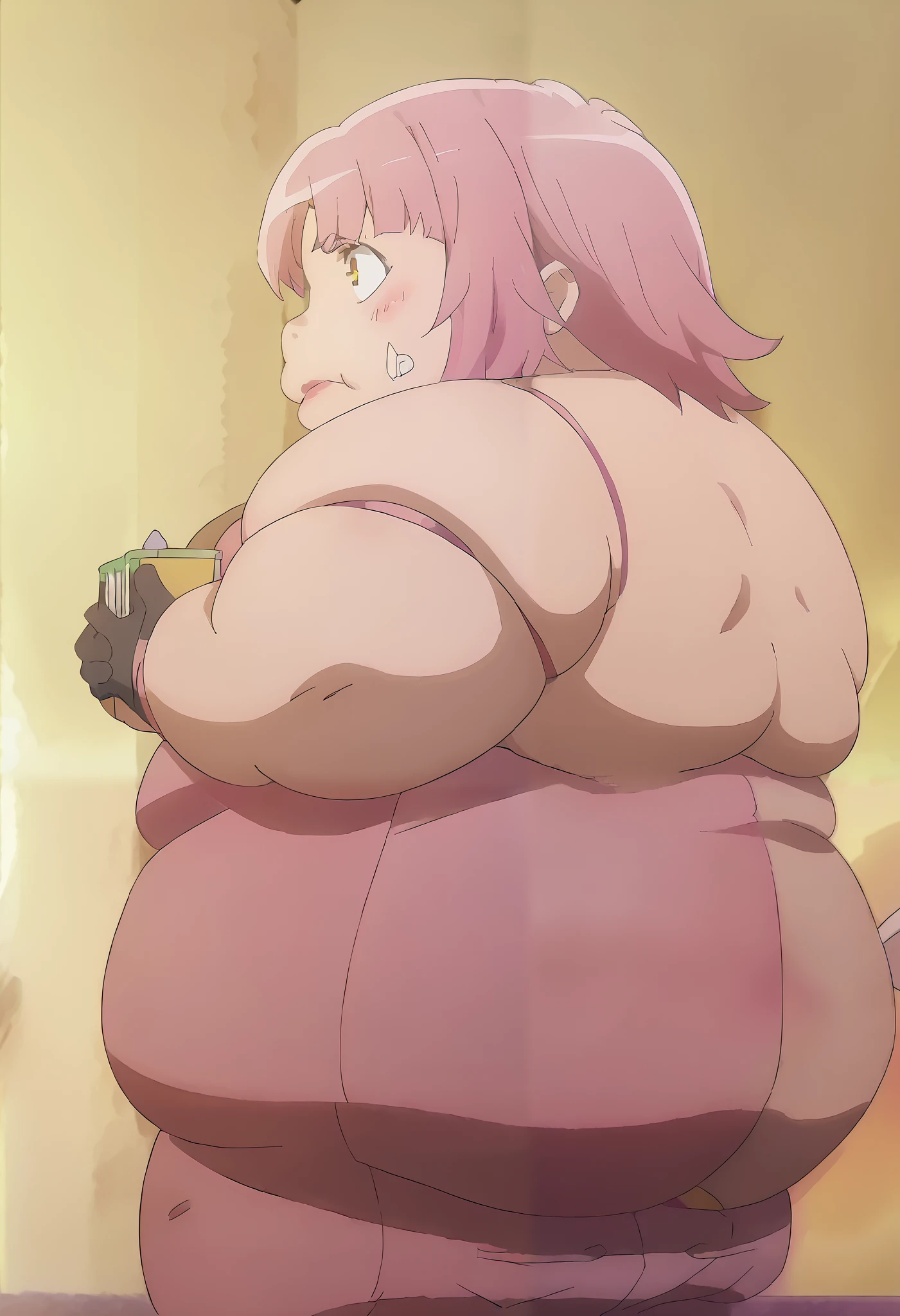 Extremely obese woman, wearing a loose pink dress, fat blob, far rolls, immobilized by her weight, very long wavy neon pink hair, a big belly, saggy belly, gluttony, hanging belly,