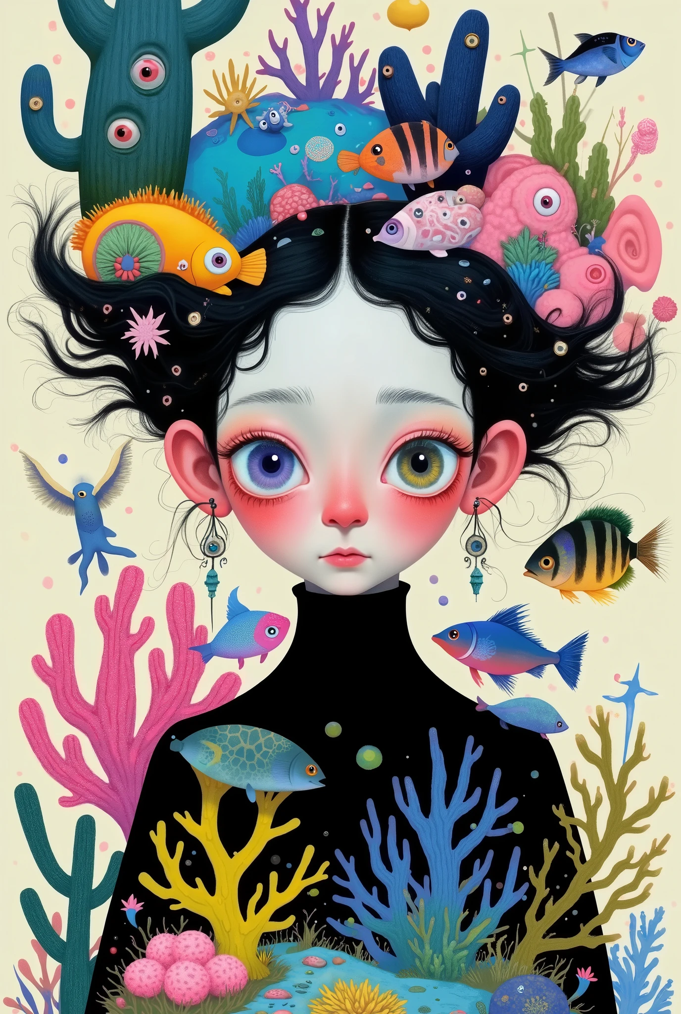 a girl with colored eyes,Black turtleneck, dreamy illustration , big beautiful eyes ,Big colorful eyes 。Colored fish in the body ,Colored coral