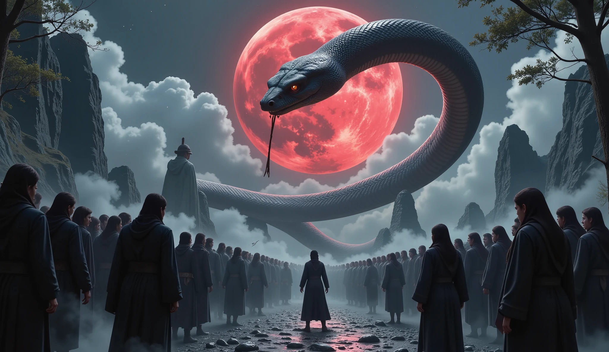 “Under the crimson moonlight, the ritual leader collapsed to the ground, “and was instantly swallowed whole by a giant serpent.” The event happened too fast for anyone to react. His screams vanished into thin air as if they had never existed. The remaining participants, too terrified to escape, scattered to desperately search for their lives.