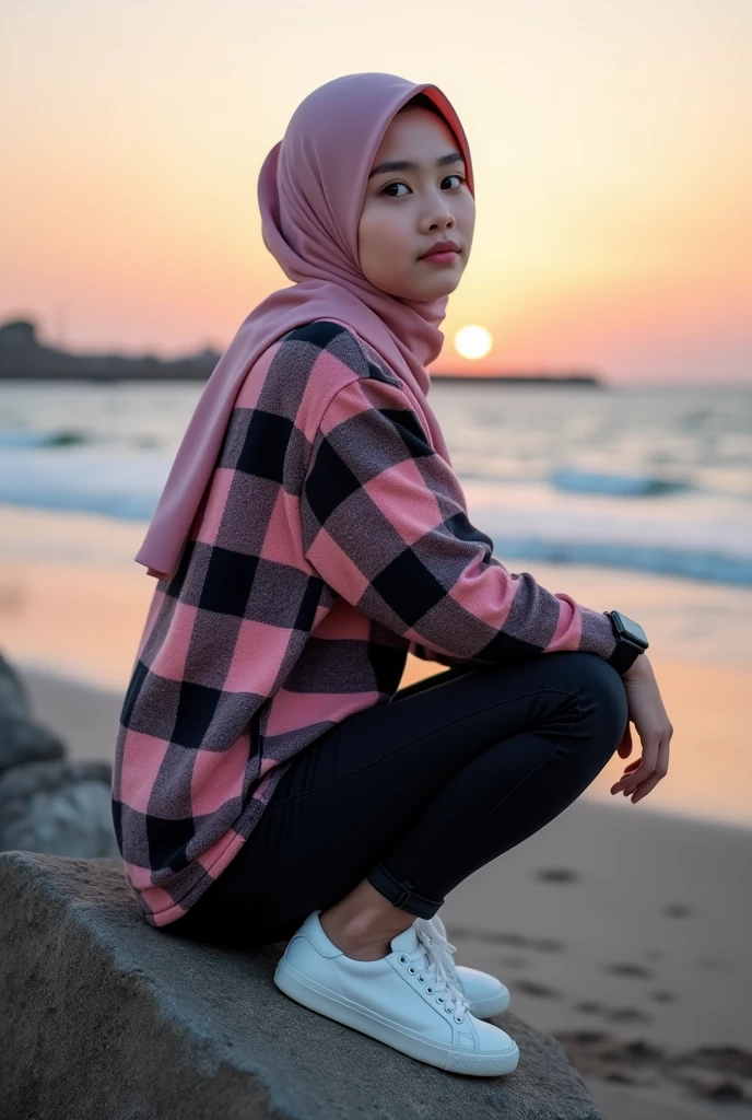 (best quality, 4k, 8k, highres, masterpiece:1.2), 2girl, ultra-detailed, detailed face, detailed lips and eyes, realistic Style, beautiful Asian woman Wearing pink hijab, long thight jeans, (brown eyes), multicolored eyes, gradient eyes, fair skin, innocent face, attractive appearance sitting on beach legs in the shape of a letter M, soft lighting
