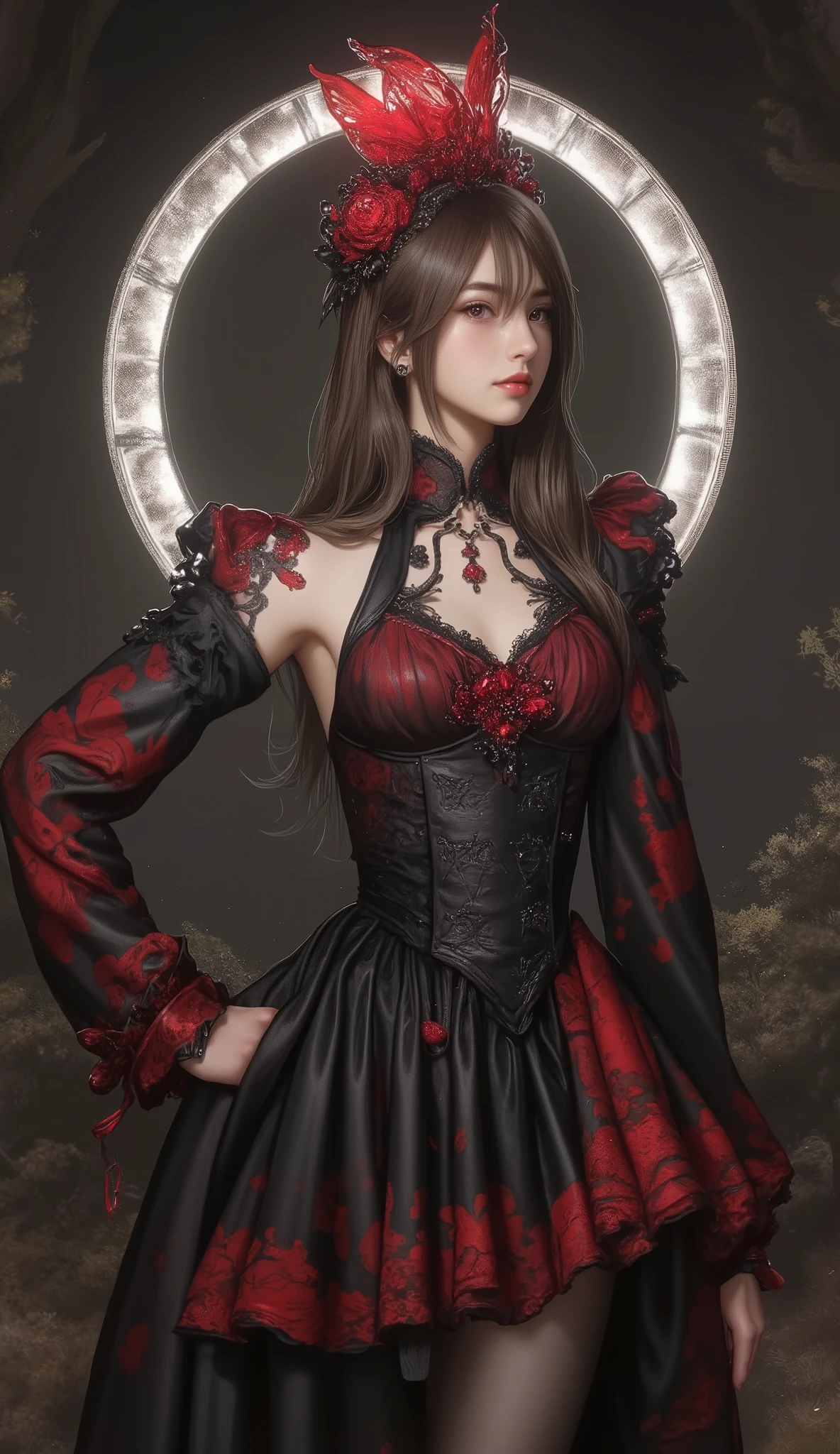 Arafed woman in a red and black dress with a ring of light - SeaArt AI