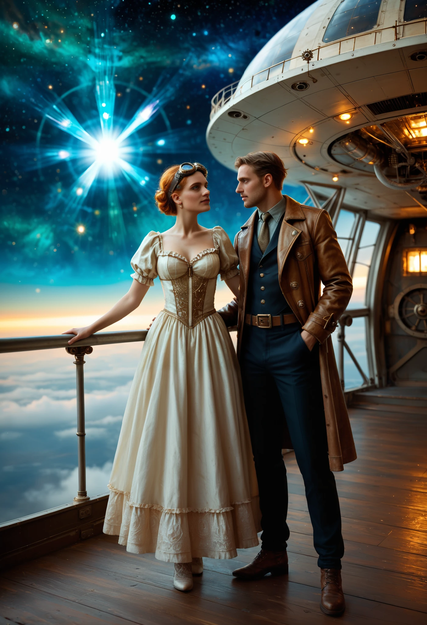 Full - body portrait, in a steampunk style, a couple standing on a floating airship deck. The man, dressed in a brass - studded leather coat, goggles pushed up on his head, holds a clockwork - adorned telescope. The woman, in a ruffled Victorian - style dress with copper accents, is reaching out to touch a floating, glowing crystal. The airship is surrounded by a swirling, colorful nebula, and gears and cogs are visible in the background, creating a mysterious and adventurous atmosphere.