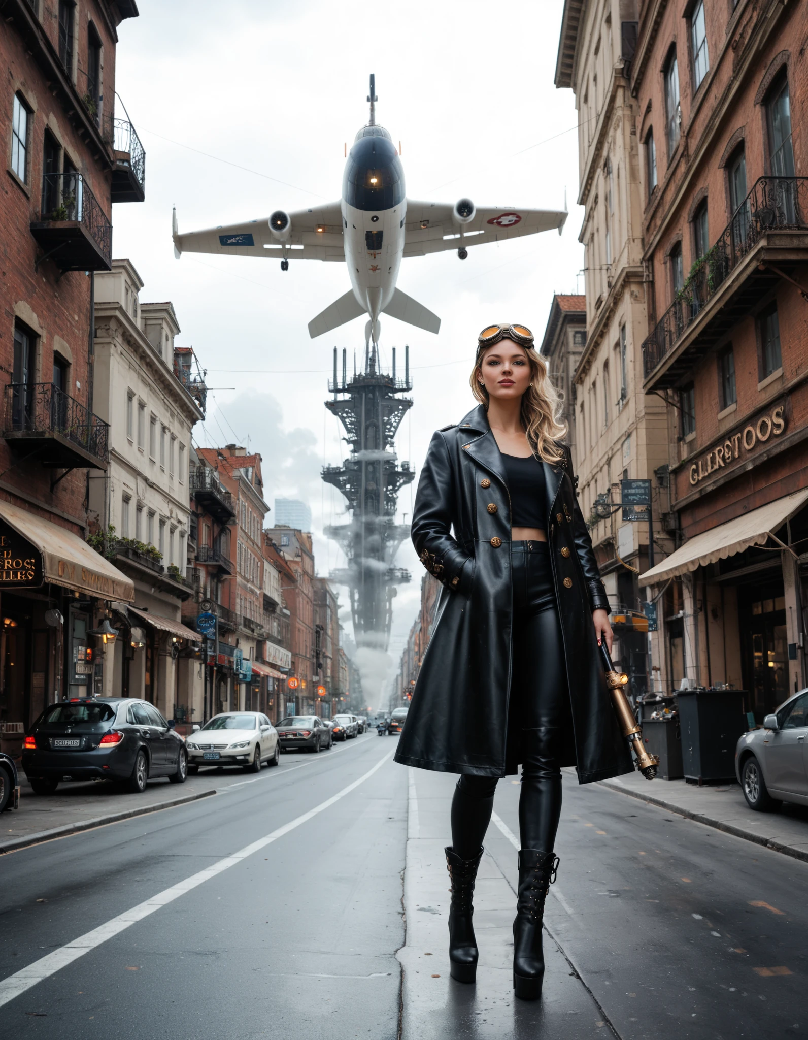 Full - body shot, in a steampunk style, a girl with goggles on her head, wearing a long, intricately - designed leather coat with brass - colored buckles and studs. Her boots are high - heeled and have gears on the sides. In her hand, she holds a strange, steam - powered weapon that emits a soft glow. Around her, there are floating cogs and steam vents, and behind her is a large, industrial - looking airship with spinning propellers. The background is a cityscape filled with steam - powered buildings and flying vehicles.