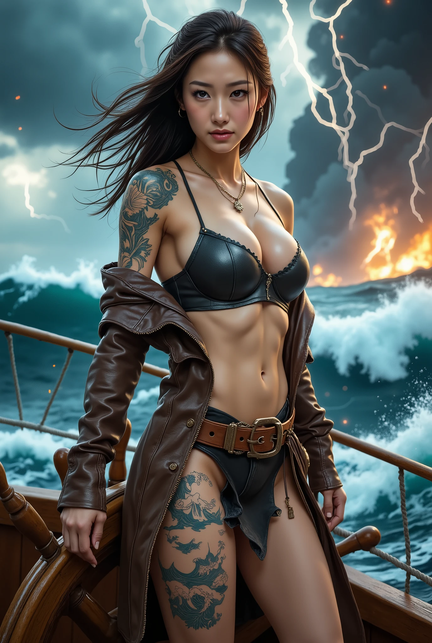 "Amidst a violent storm on the open sea, a fierce Japanese woman stands at the helm of a ship, gripping the wheel with determination. She faces the storm head-on, her eyes focused and unwavering, exuding confidence and control. Her body is positioned directly forward, as towering waves crash around her and lightning strikes the dark sky.
She wears a rugged pirate outfit, consisting of a worn leather coat, a corset with intricate designs, and high boots. Her attire is both functional and rebellious, perfectly suited for the chaos of the storm. Her tattoos, vivid and dynamic, flow across her arms, back, and legs. The designs of waves, lightning, and storm clouds intertwine with her skin, glowing with the same intensity as the lightning around her. The tattoos seem to pulse with energy, as if drawn directly from the storm's power.
Her dark hair is windswept, flowing wildly in the turbulent air, and her fierce expression is framed by the chaos of the storm. The ship's wheel is large and weathered, with the ocean and sky in constant motion. The contrast between her glowing tattoos and the storm's fierce energy highlights her strength and connection to the forces of nature, making her appear as an unstoppable force herself." Detailed RAW Photo of a Girl, Masterpiece, Best Quality, Ultra High Resolution, Photoreal, 8K resolution, Very detailed depiction, maximum color