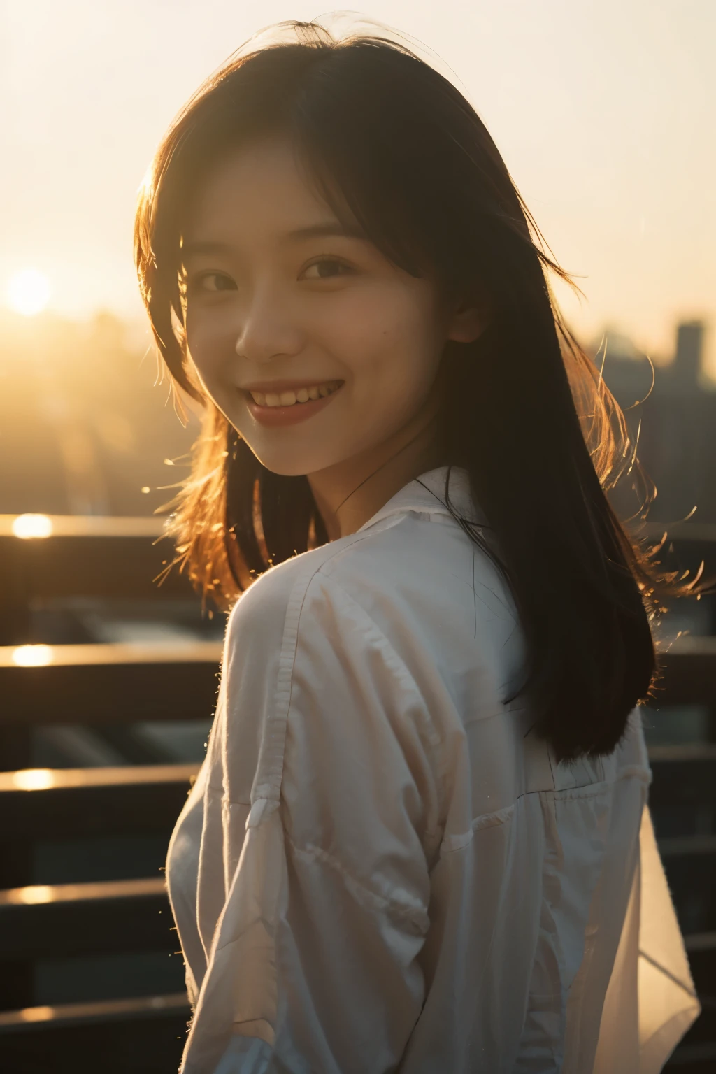 Best Quality,Masterpiece,The ultra-Highres,(Realisticity:1.4),OriginalPhoto,Cinematic lighting,
1Girl,Smile,Back lighting,sunset,