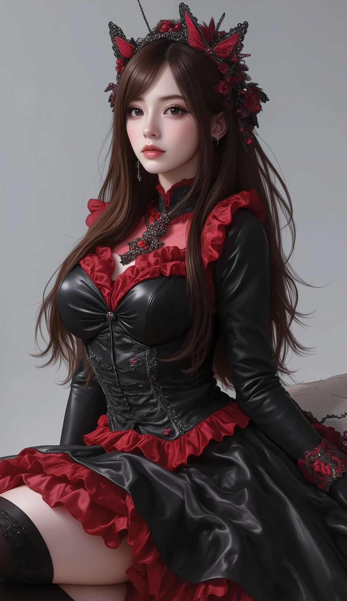 Expressionless,,(dark fantasy),(( Amazing Illustrations )),(Detail Splash), long dark hair, red eyes, girl , Pure black dress, Collar only, The cuffs and skirt are dark red , The red butterfly hair clip is fixed on the side, Masterpiece, 最 High Quality , High Quality , Headpiece ,, red and black crystal necklace , black knee-high socks