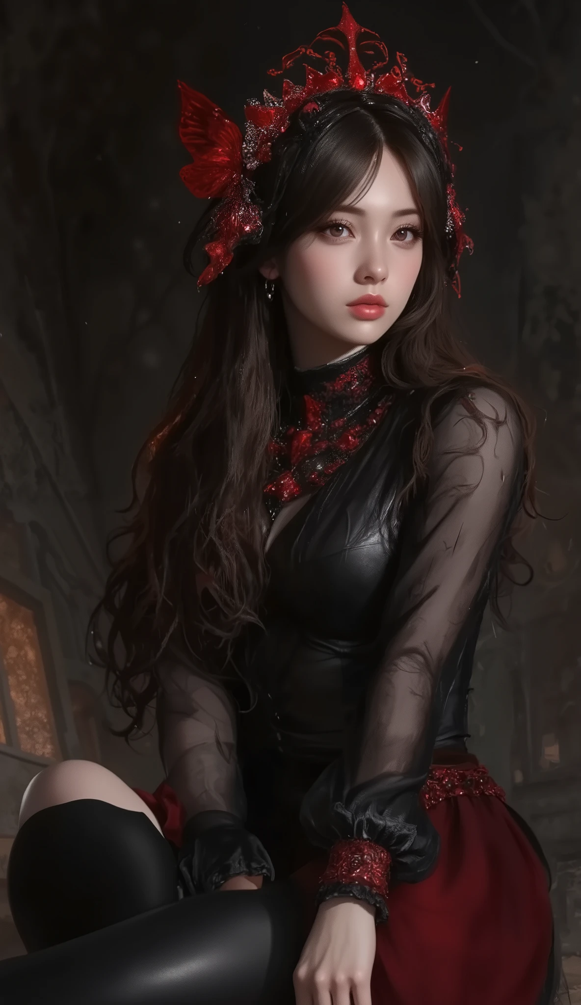 Expressionless,,(dark fantasy),(( Amazing Illustrations )),(Detail Splash), long dark hair, red eyes, girl , Pure black dress, Collar only, The cuffs and skirt are dark red , The red butterfly hair clip is fixed on the side, Masterpiece, 最 High Quality , High Quality , Headpiece ,, red and black crystal necklace , black knee-high socks
