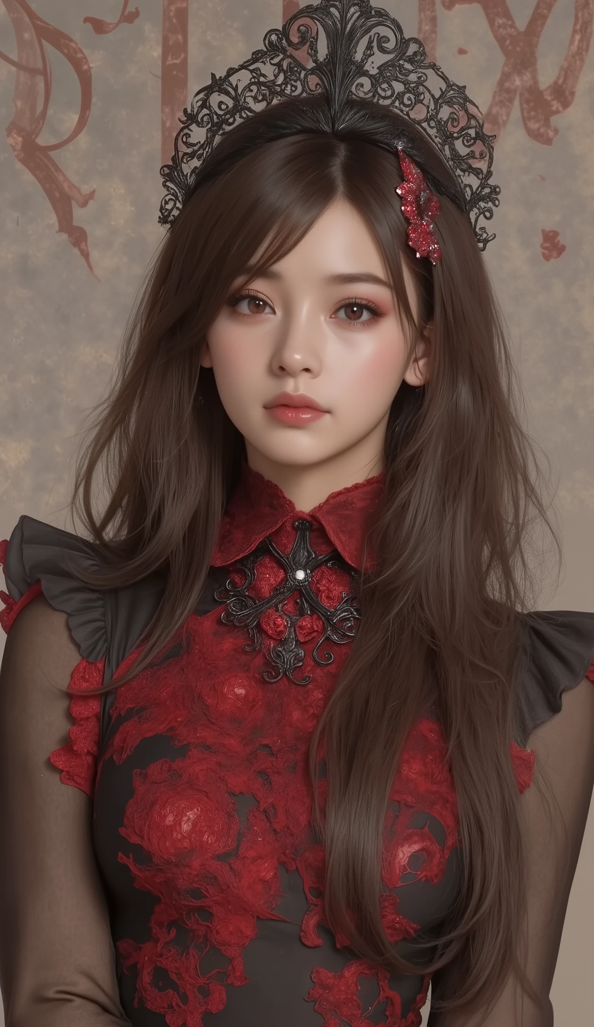      Expressionless,,(dark fantasy),((    Amazing Illustrations   )),(Detail Splash),    long dark hair,    red eyes,    girl   , Pure black dress, Collar only, The cuffs and skirt are dark red   ,   The red butterfly hair clip is fixed on the side, Masterpiece, 最   High Quality   ,    High Quality   ,       Headpiece      ,,    red and black crystal necklace   ,      black knee-high socks  