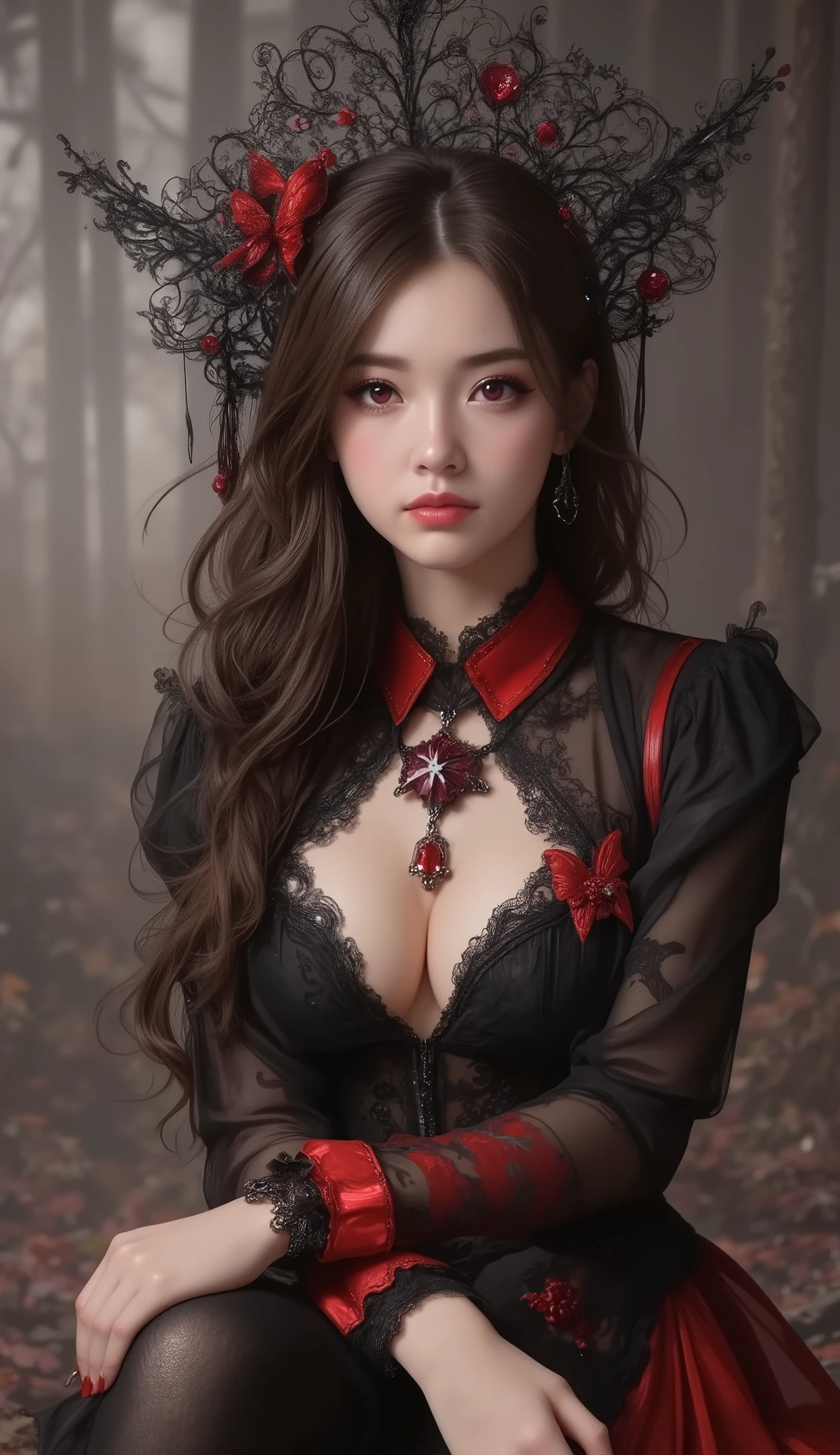 Expressionless,,(dark fantasy),(( Amazing Illustrations )),(Detail Splash), long dark hair, red eyes, girl , Pure black dress, Collar only, The cuffs and skirt are dark red , The red butterfly hair clip is fixed on the side, Masterpiece, 最 High Quality , High Quality , Headpiece ,, red and black crystal necklace , black knee-high socks