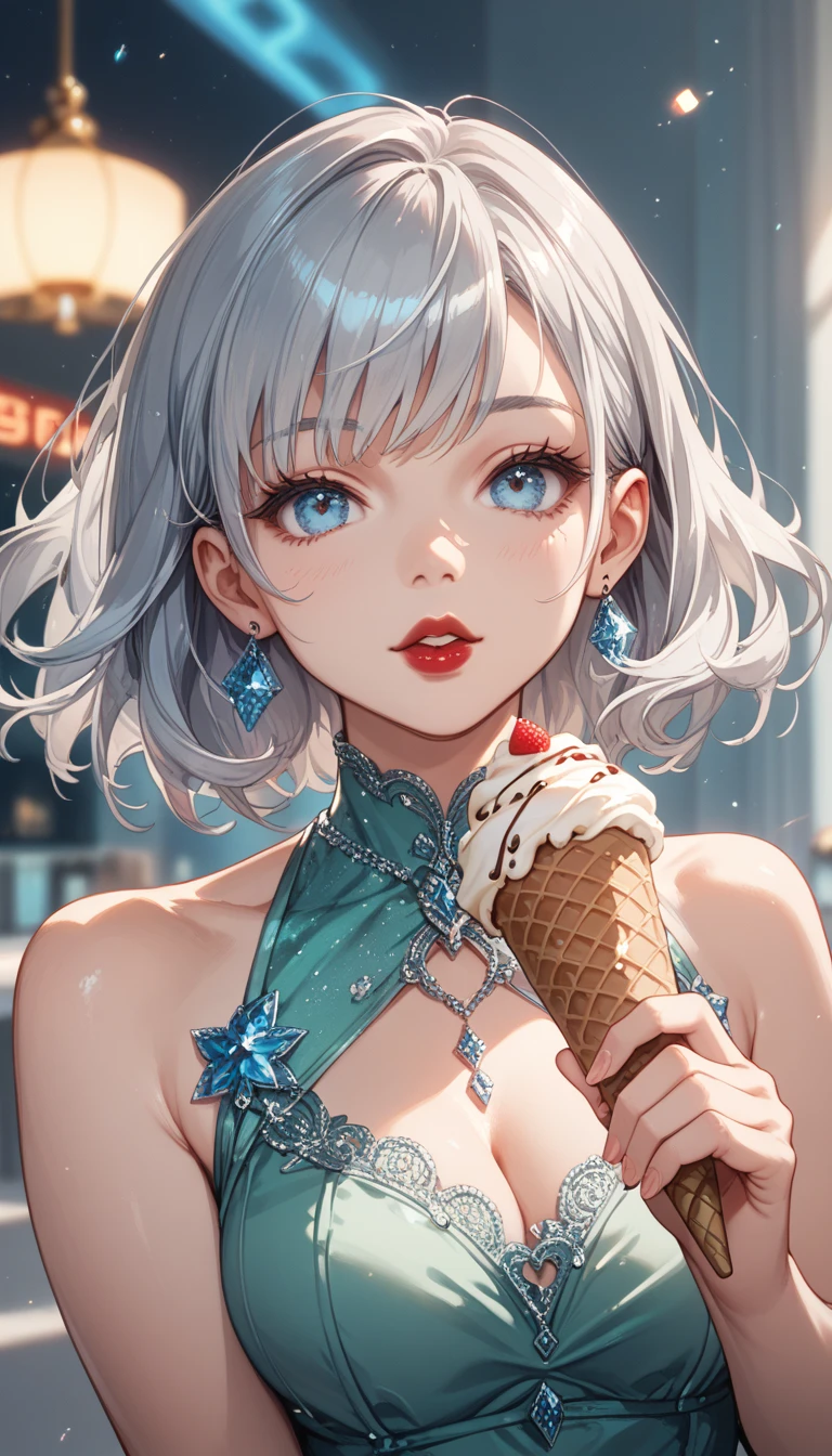 Close-up of a person holding an ice cream cone, cute, Wavy silver-haired woman, bangs, Bright Blue Eyes, Red lips, Gentle green dress,Big Tits、Big Tits首