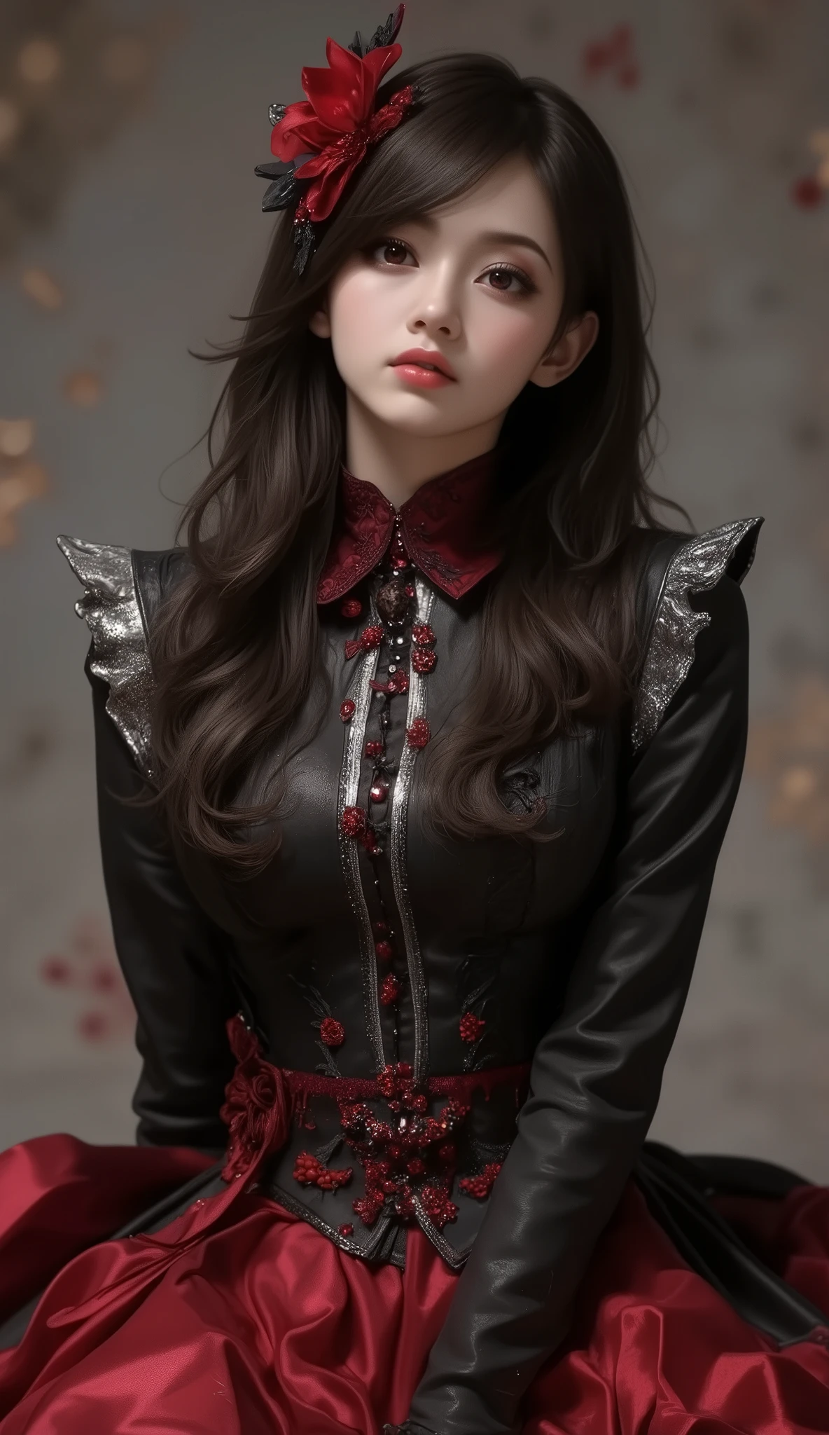      Expressionless,,(dark fantasy),((    Amazing Illustrations   )),(Detail Splash),    long dark hair,    red eyes,    girl   , Pure black dress, Collar only, The cuffs and skirt are dark red   ,   The red butterfly hair clip is fixed on the side, Masterpiece, 最   High Quality   ,    High Quality   ,       Headpiece      ,,    red and black crystal necklace   ,      black knee-high socks  