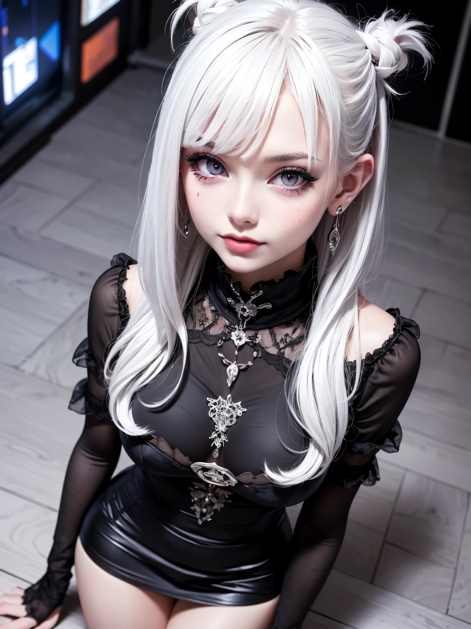 girl with white hair,with bangs, black gloves, gothic,4K, masterpiece, perfect body, stem,perfect eyes, perfect shading, perfect lighting, best quality, work of art, ultra detailed, detailed clothing