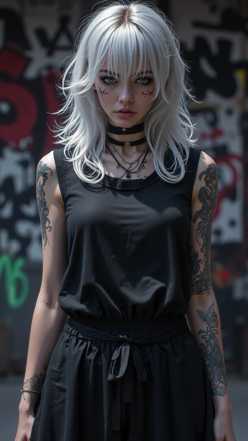 a lonely 、 mysterious girl , looking intense ,( White Hair),((( long figure shadow ))), (((white leather ))), dark eyes , beauty,Beautiful ,(( Beautiful linen dress )), Thick eyebrows,((Round Roll Big )), (( thick lips)), happy laugh ... 大大的 dark eyes ,Staring at ,Keep your mouth shut, upper body,front view, with hands on both sides ,A faint smile,Tattoo,Tattoo,((( sleeveless black T-shirt ))), ((( Unique graffiti wall background)))