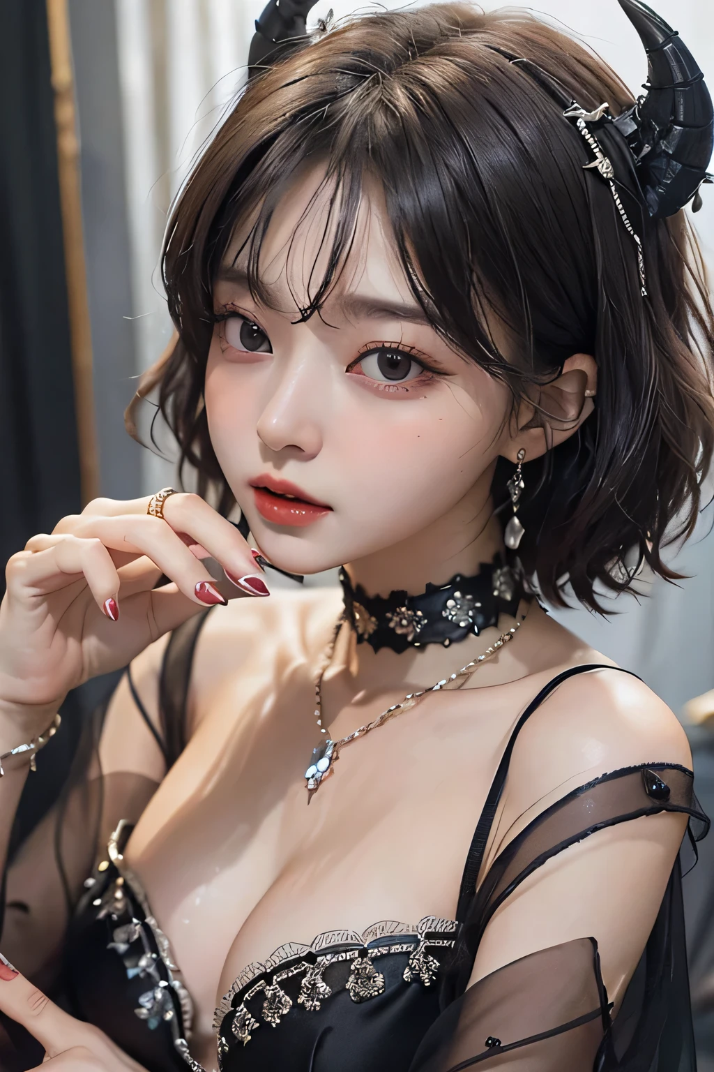 ( best quality :1.3)、( The Greatest Masterpiece:1.3)、 Highest Image Quality、RAW、( perfect body beauty :1.2)、(Night Scene:1.3)、( black dress :1.3)、( luxurious room:1.2)、( chain on hand:1.2)、 has very detailed face and skin textures 、 detailed eyes、double eyelids、 short hair、 boyish、 unisex、 big eyes、 necklace、(( one woman))、 bracelet、 earrings、 choker 、ring、chain accessories、chain、Thick chain collar、(restrain with chains)、((fall to the dark side))、((Evil Princess ))、(( cleavage in years))、 off shoulder、(palace)、(( fantasy castle))、((Devil's Bride))、((Demon Princess))、(Blushing:1.4)、( sexual arousal:1.3)、( looking at camera )、(chain choker)、(Little devil horns)、((devilize))、(assimilation by the devil)、sexy、((Sex Appeal))、Eros、Sensual、Alluring