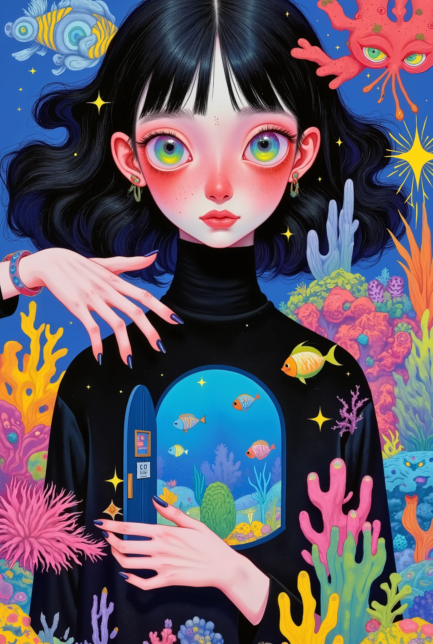  a girl with colored eyes,Black turtleneck，A door opened in the body， dreamy illustration ,  big beautiful eyes ，Big colorful eyes 。Colored fish in the body ，Colored coral