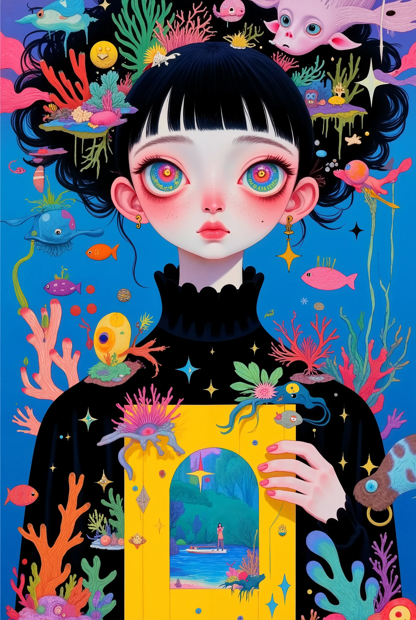 a girl with colored eyes,Black turtleneck,A door opened in the body, dreamy illustration , big beautiful eyes ,Big colorful eyes 。Colored fish in the body ,Colored coral