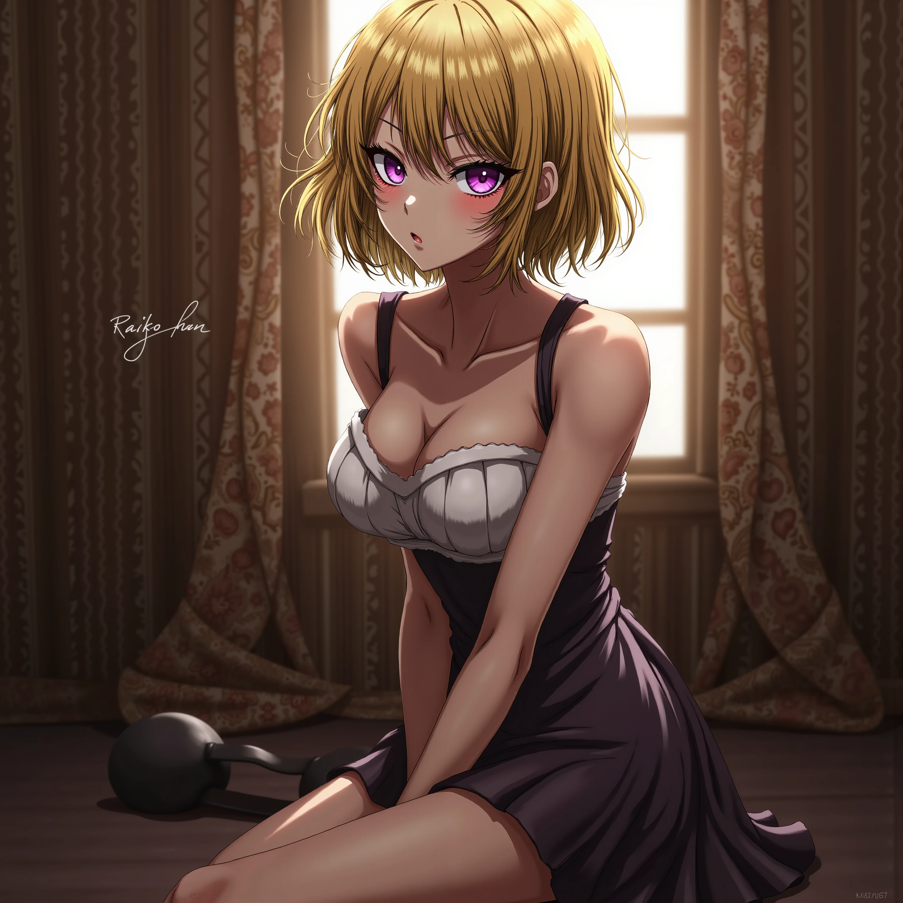 girl :(Raiko-chan), Matte Brown Skin , small breasts, yellow hair, , Top quality, textured skin, thin legs 、 high heels、 movie light effect , anime