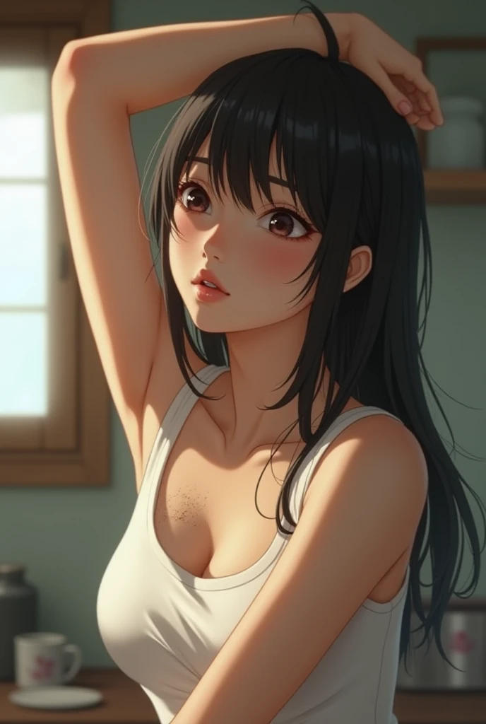 (best quality:1.1), (Masterpiece:1.2), High quality shadow, Beautiful details, Beautiful face, Detailed eyes, depth of field, High resolution, best shadow, best lighting, 1 girl, see viewers, black hair, smooth, blunt, long hair, pink eyes, shy, big breasts, pump, naked woman, rift, bathroom wall background, pussy, nipple, pov, missionary, hetero, nsfw, wet, close position with viewer, smile a little, hug viewer, dick from viewer, kiss with viewer