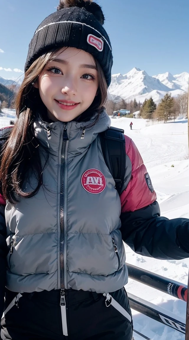 ai_kase, score_9, score_8_up, score_7_up, cinematic film still, Famous ski slopes in the snowy mountains, A beautiful woman like a Japanese idol, She is a snowboarder who glides down the slopes with style., masterworks, Very fine details, elegant, Soft natural light, exquisite features, Medium hair, swept bang ,light makeup, red lips, Plump lips shiny skin, smooth skin, Upper-body shot, gentle smile like a goddess, Charming smile, She is wearing snowboard wear and snowboard wear-pants, raw footage, from front shot, Standing position, close-up, Enjoys snowboarding