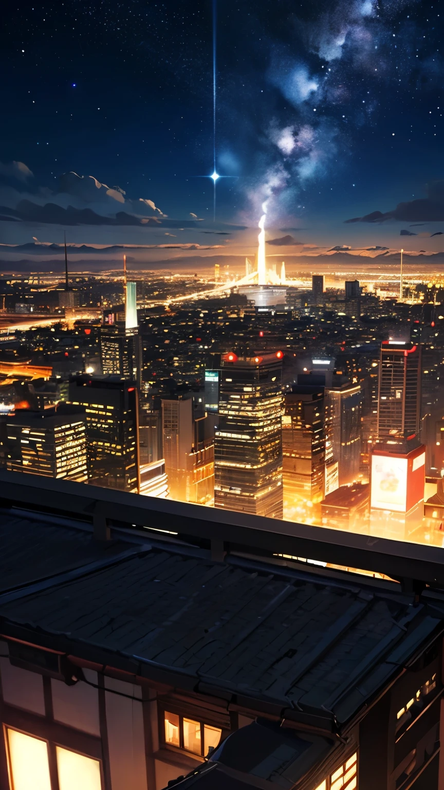 (Masterpiece,   best quality  :1.4),   Ultra Details, Soft light,   natural light,    cinematic lights  ,   film grain  , (  enables depth of field), A cityscape like Portland、 night view、 starry sky 