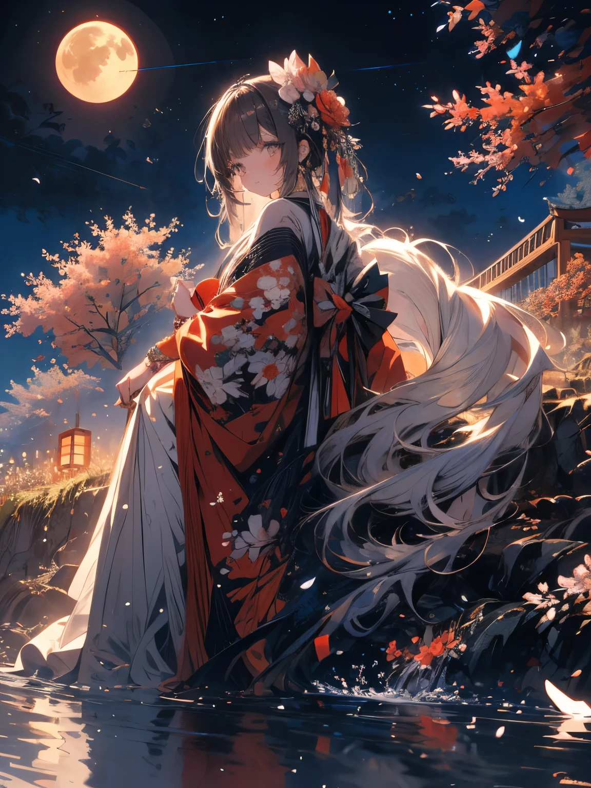 from behind,(SIGMA 35 mm F/1.2),Breast Focus,As the moon,from side,
A young Asian woman,in her late s or early twenties,is seated in a pose that suggests elegance and poise. She is dressed in a vibrant,scarlet,traditional Wearing a Japanese Kimono dress,with intricate detailing. The dress has flowing drapes and a fitted bodice. Her hair is long,dark brown,and styled in a neat updo. She has light skin,and her expression is gentle and serene,with a soft smile. Her eyes are large and expressive,and her makeup is subtle,enhancing her features. She wears delicate accessories,including a bracelet and ornate high-heeled shoes with red accents and black detailing. The shoes are embellished with decorative flowers and embellishments.,
The background is a stylized floral arrangement,primarily cherry blossoms in shades of pink and white,framed by a golden circle. Soft,diffused light illuminates the scene,highlighting the woman's features and the rich colors of the dress. The lighting creates a sense of warmth and gentle glow. The overall style is anime-inspired,with a focus on detailed anatomical features and smooth flowing lines. The subject is centered in the image,with her posture slightly angled to the left of center,and her gaze directed slightly left of the viewer. The perspective is from a slightly elevated angle looking at her as she sits gracefully amidst the blossoms. The composition is balanced,with the subject taking up a substantial portion of the image,