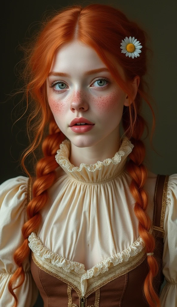 A girl, pale skin with freakles, long two French braids on both side, ginger hair, green eyes, black turtle neck, half body photo, normal fit body, hands on both ears, covering them, serious stern face.