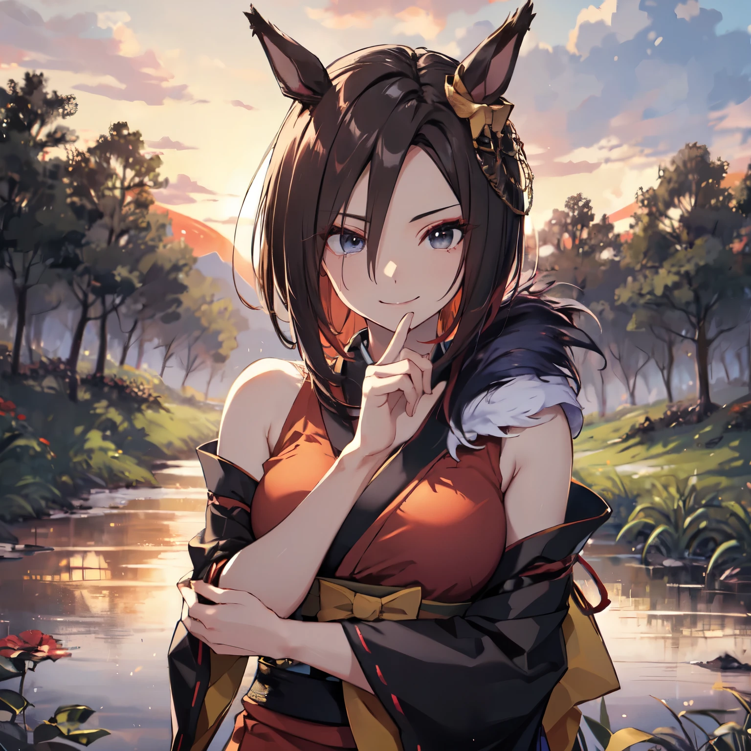 ((solo、alone))、(Focus on the chest、Breast、 close-up)、( horse ears),((Kunoichi Ninja))、(( super long hair)),(( kimono))、(red flower hair ornament )、(Red Sky、 in the woods)、(smile、 Dynamic arm-folding pose)