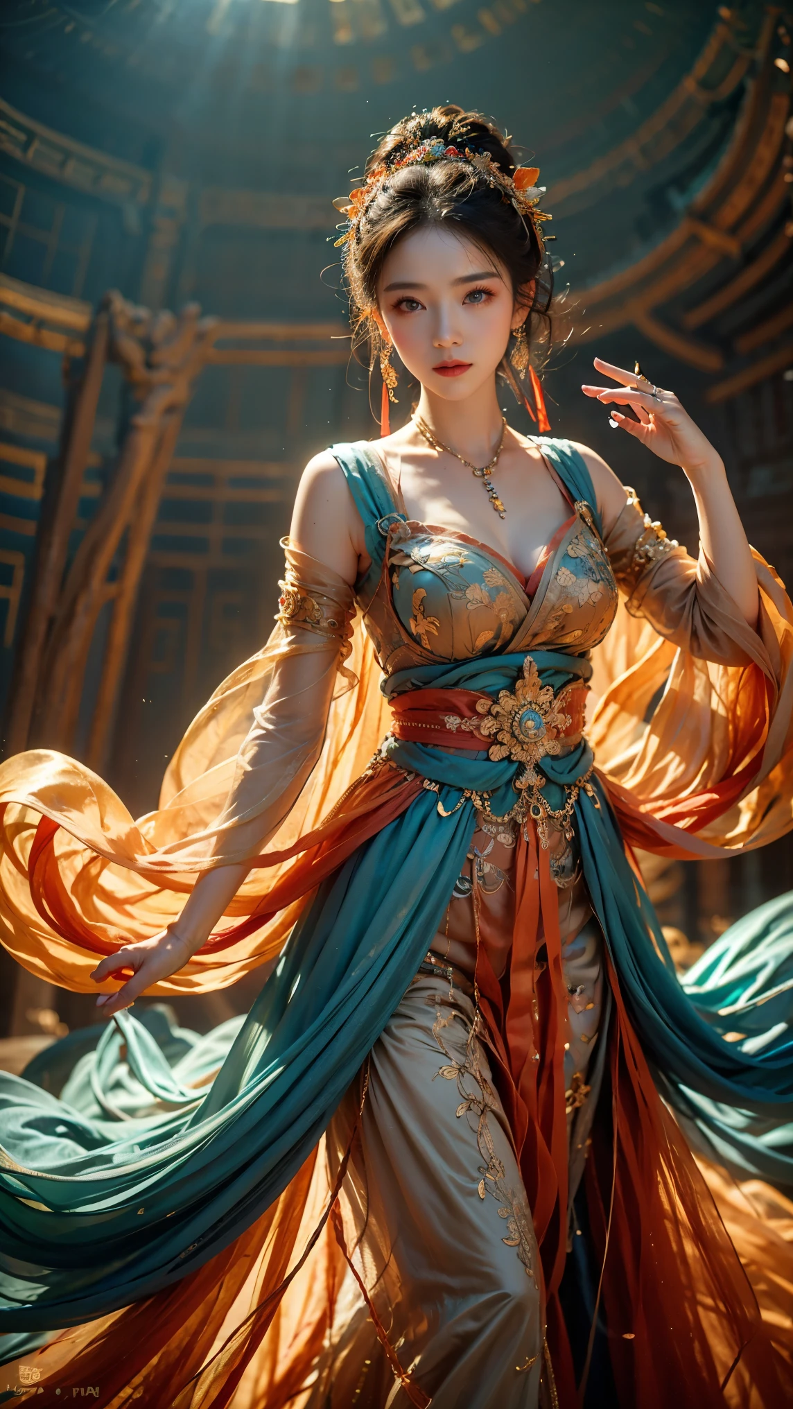 1girl,dunhuang,
masterpiece,best quality,32k uhd,hdr,dtm,cinematic lighting effects,wide shot,wide-angle lens,super vista,super wide angle,exquisite facial features,super delicate face,best fingers,