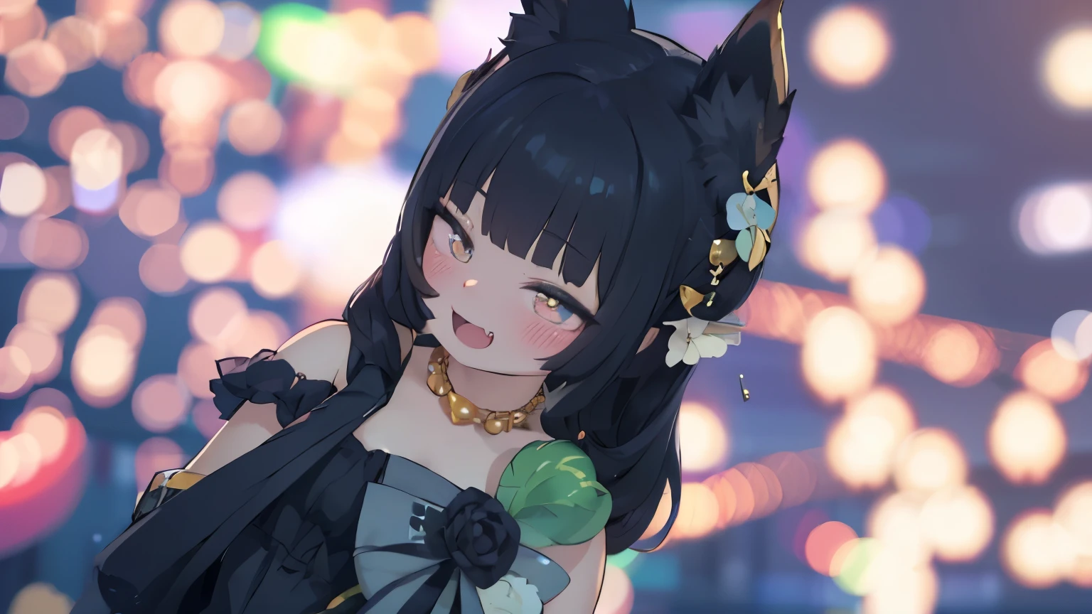 Black hair, fox ears, smiling face, blushing, formal dress, necklace, off-the-shoulder dress, fangs, fireworks background, fireworks, depth of field