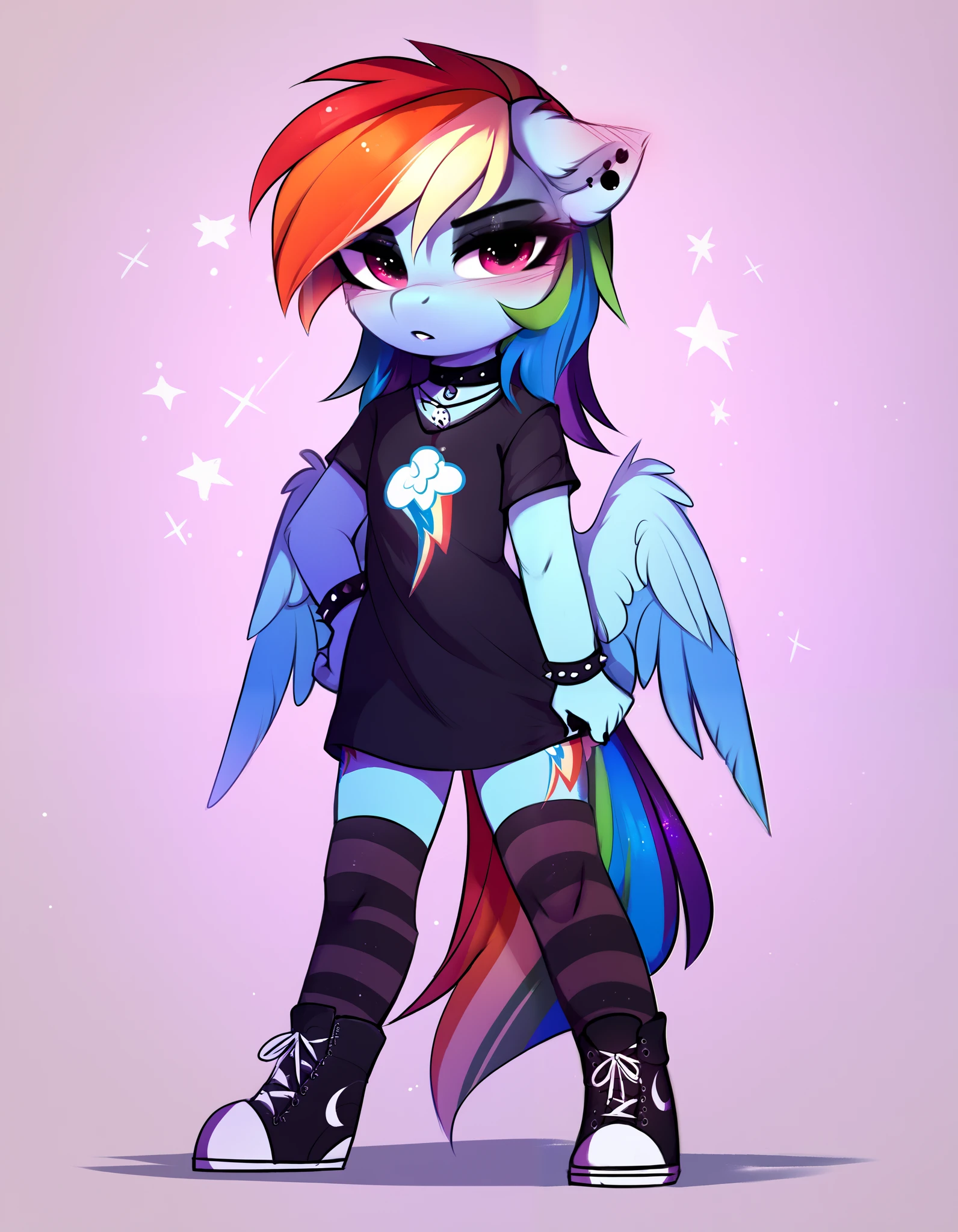 score_9, score_8_up, score_7_up, source_furry, rating_safe, by magnaluna, rainbow_dash_(mlp)  posing seductively in a goth bedroom, anthro, blushing, fullbody, full body