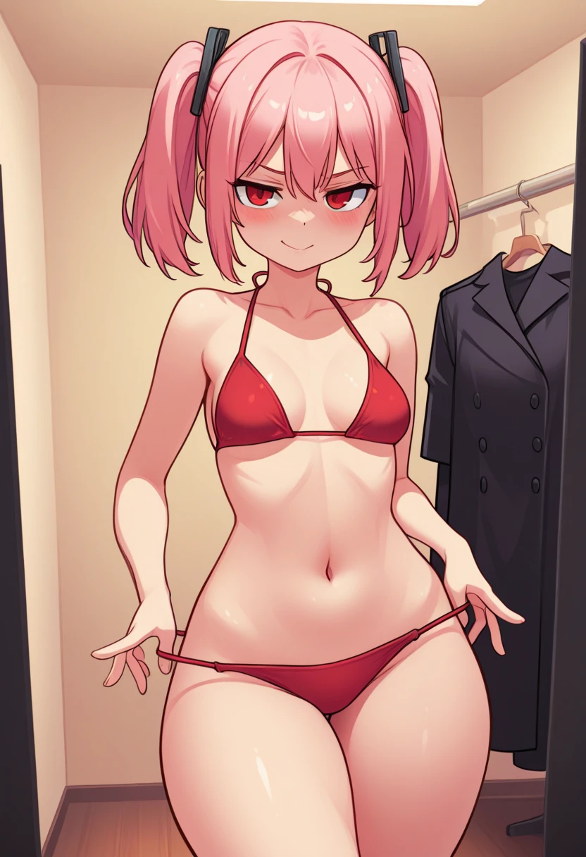 anime girl in a bikini with a speech bubble, teasing smile, revealing clothes, is wearing a swimsuit, touching her clothes, seductive anime girl, anya from spy x family, realistic bikini, ecchi, small curvy , ecchi anime style, swimsuit, thighs focus, bathing suit,  in dress, colored manga panel, attire: bikini, belly exposed ((garota bonita, sensual, garota sexy,))