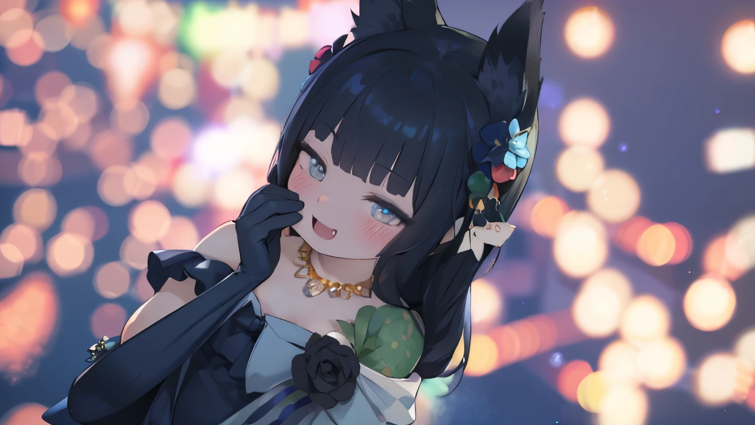 Black hair, fox ears, smiling face, blushing, formal dress, necklace, off-the-shoulder dress, fangs, fireworks background, fireworks, depth of field