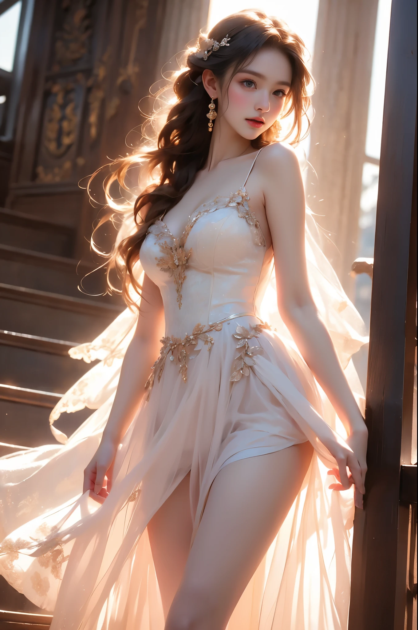 fairy dress
,,(from below:1.3), (cowboy shot:1.3) hyperrealistic photography of a beautiful asian fashion model, perfect body proportions, long slender legs, (Full chest, obvious cleavage, very short hemline, fingers elegantly fluttering hemline), (standing pose:1.2), leaning against staircase railing, one leg straight, other leg slightly bent at knee, elegant leg posture, high heels closer to camera, professionally lit fashion photoshoot, low angle shot, blue sky with white clouds, 8k uhd, masterful composition, photorealistic, detailed face features, glossy long hair, soft natural makeup, detailed skin texture, professional lighting, sharp focus, high end fashion magazine style, ultra detaile