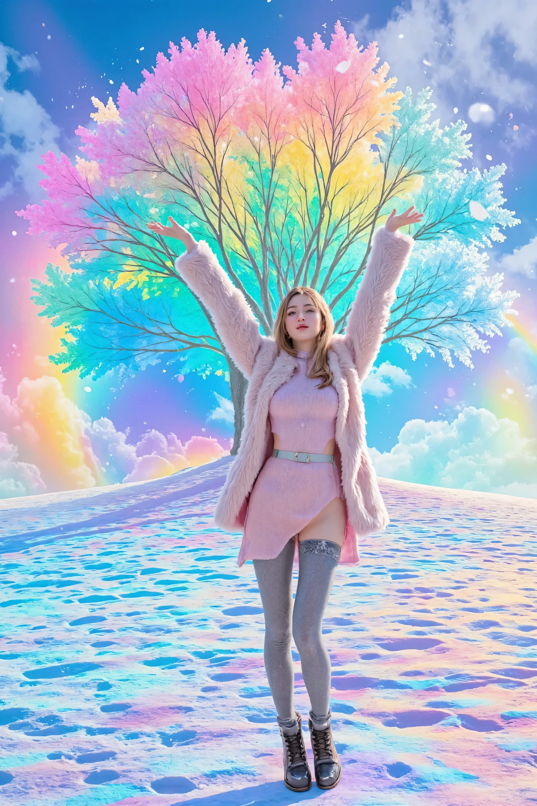 Top Quality, 8k, Masterpiece, A woman jumping while tossing snow into the sky with both hands, ((straight hair:1.8, a perfect center part, revealing her entire forehead:1.8)), ((shooting from directly above:1.8)), A cool composition in an American comic style:1.8, (high brightness, high saturation), rich fur coat, (A rainbow A vast snowy field with a most large Frost-covered tree standing on a hill where each glass reflects a different rainbow, surreal dimension:1.6), 1 girl similing, A woman jumping while tossing snow into the sky with both hands, Ultra detailed face, detailed eyes, ((wear a Vitamin color rich fur coat:1.6)), (beltless),