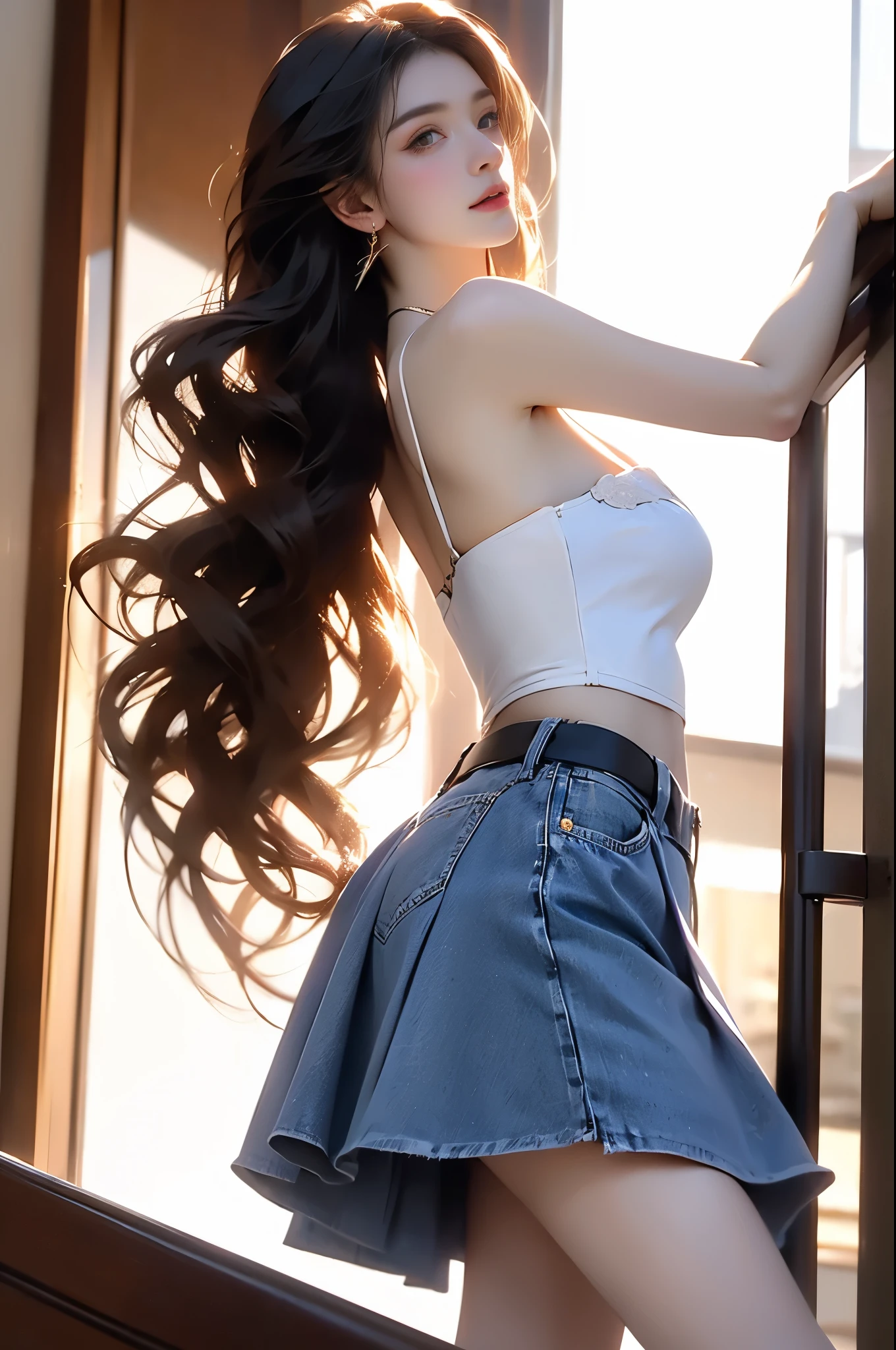 jeans_lure_clothing
,,(from below:1.3), (cowboy shot:1.3) hyperrealistic photography of a beautiful asian fashion model, perfect body proportions, long slender legs, (Full chest, obvious cleavage, very short hemline, fingers elegantly fluttering hemline), (standing pose:1.2), leaning against staircase railing, one leg straight, other leg slightly bent at knee, elegant leg posture, high heels closer to camera, professionally lit fashion photoshoot, low angle shot, blue sky with white clouds, 8k uhd, masterful composition, photorealistic, detailed face features, glossy long hair, soft natural makeup, detailed skin texture, professional lighting, sharp focus, high end fashion magazine style, ultra detaile
