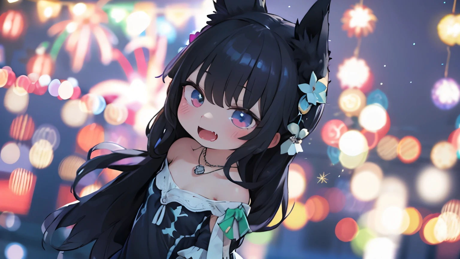 Black hair, fox ears, smiling face, blushing, formal dress, necklace, off-the-shoulder dress, fangs, fireworks background, fireworks, depth of field