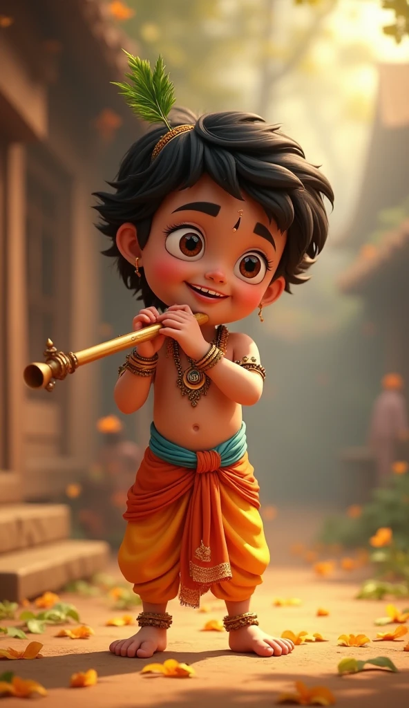 Baby Lord Krishna making a wooden box, with a few tools lying around blue colors in the background
