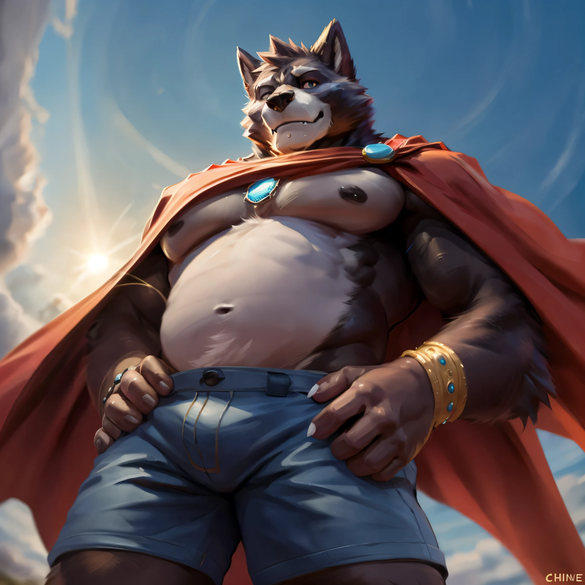 Amicus, Male, Solo, Bod, Big Pectorals, Cape, Shorts, Necklace, Sunshine, Background, Daddy, Sexy, Handsome face, Beefcake, Middle-aged, Fur, Claws, Correct anatomy, Looking at Viewer, Front View, Bracelet, Hands on Hips, (Depth of field, Wide Dynamic Field, Lens Flare, Low Angle Close Up Shot)), (by null-ghost, by Chunie, by darkgem),