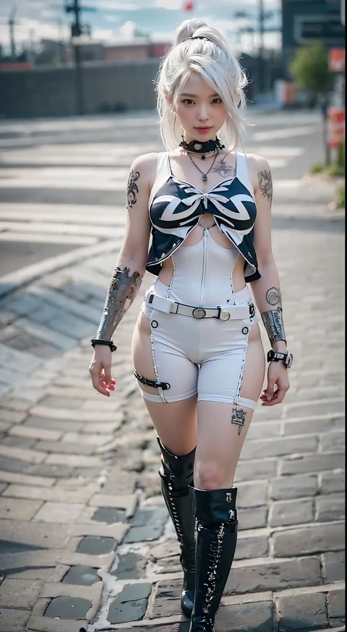 (Completely live action:1.37), (Amazingly realistic textures:1.37), (masterpiece, best quality:1.2), (8k uhd, 16k, 32k, ultra high res), amazingly realistic skin, amazingly realistic photo, superrealism, (photorealistic:1.37), (RAW photo), ultimately realistic, (ultimately realistic all details), (ultimately realistic all textures), super realistic lighting, super realistic shadow, (japanese girl:1.5), (realistic idol face), smiling, happy, super realistic face, ultimately realistic skin, ultimately realistic eyes, (mascara:1.35)ultimately realistic background, ultimately realistic detail up, (kkw-ph1:1.25), (Canon EOS R6, 85mm, 1/200s, f/5.6, ISO 1600), (tattoo), (mechanical armor:1.37), (blue eyes:1.2), (silver hair:1.3),
