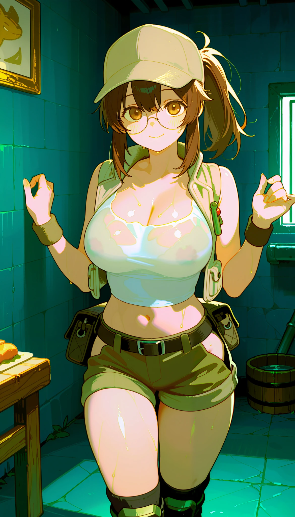(masterpiece),best quality,amazing quality,very aesthetic,absurdres,newest,perfect body,shiny skin,perfect eyes,detail1eye,well-defined fingers,well-defined fingernails,anime style,indoors,1girl,solo,upper body,(portrait:1.5),looking at viewer,facing viewer,smile,blush,Fio Germi,baseball cap,brown headwear,beige hat,long hair,brown hair,ponytail,sidelocks,brown eyes,bangs,round eyewear,collarbone,cleavage,crop top,midriff,beige vest,tank top,large breasts,wristband,navel,belt,brown shorts,short shorts,shorts rolled up,hip vent,fanny pack,knee pads,boots,