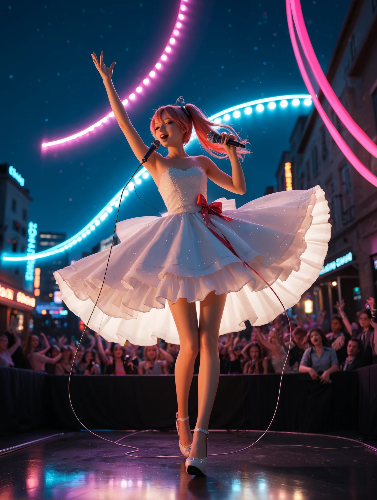 Hatsune Miku standing on a colorful stage with shining lights all around her. She is wearing a gorgeous dress with ribbons floating in the wind, holding a magical microphone in her hand and singing passionately. There are digital music notes floating around her, creating a dreamy atmosphere. The background is a beautiful cityscape at night with neon lights twinkling, making the whole scene look like a fantasy anime world.