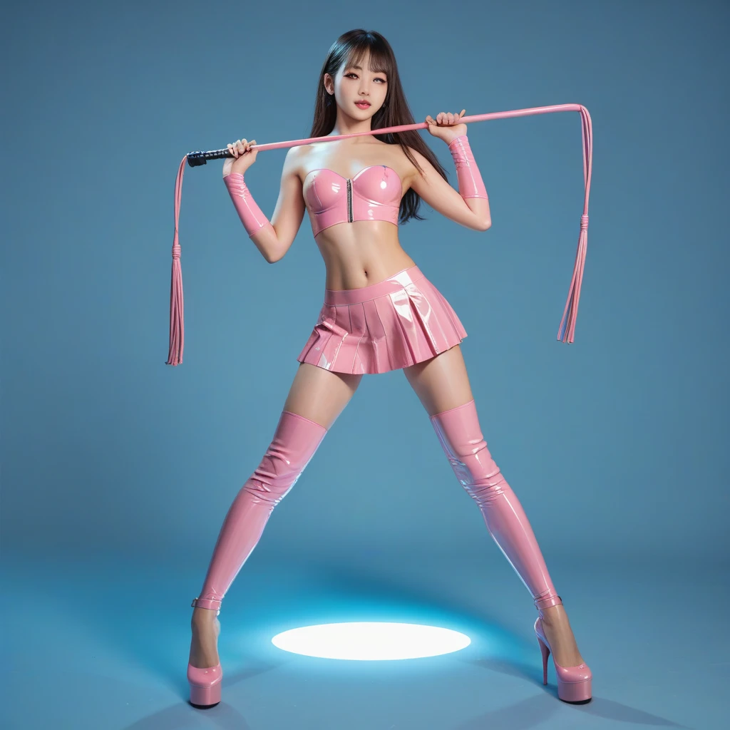 (High quality, masterpieces), One Japanese girl, kneeling down, Drenched her full-body in sweat, Beautiful face with sideways glance, Brown eyes, Open her mouth wide, lick her finger, Black long hair, Deep-pink military cap adorned with a badge of skull at the center, Deep-pink shinny leather short military-style jacket with long sleeves, gunmetal grey crop top shirt with a purple narrow tie, Exposing skin around navel, Low waist short pants made of pink shinny leather with a belt, Python skin pattern stockings covering whole legs, Short boots made of pink enamel, In gloomy abandoned hospital