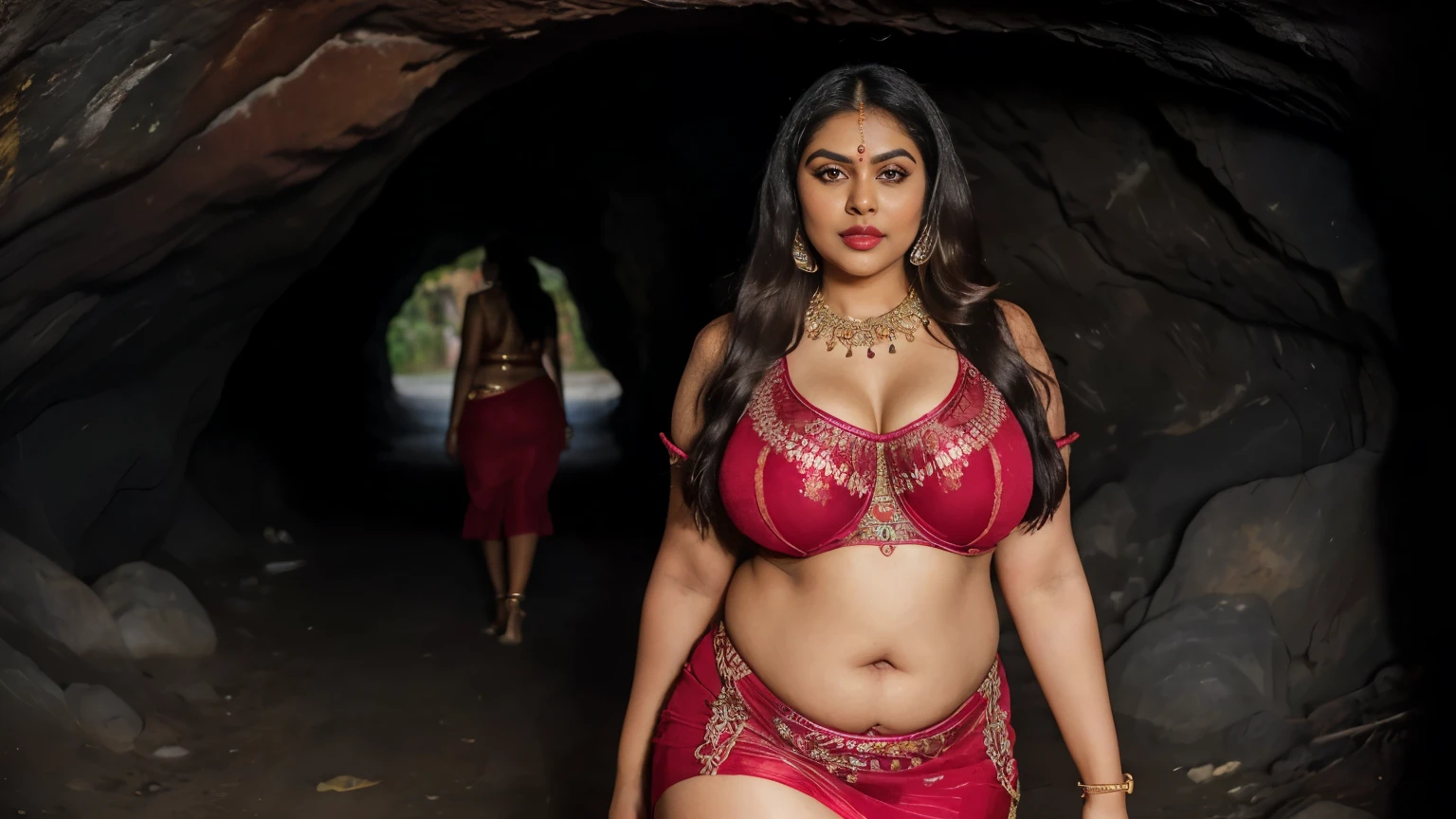 A realistic stylish long black hair indian woman walks down on a night bar street inside pattaya. Beautiful cute thick thighs and a curvy waist, wearing a beautiful Indian dress, ((low waist)),, (( beautiful Indian dress)) , bindi on forehead, highly detailed, depth of field, cinematic lighting, intricate, ((26yo, gorgeous face, model, makeup)), gorgeous Indian woman in outdoor wearing blouse, fair skin, makeup, curvy, tall, hourglass figure, seductive , ((looking at left)), jewelry, black hair, ((big :1.0)), ((wide hips:1.1)), full figured, seductive, photorealism, hyper realistic, full face Blush, ((seductive face)) , curly hair, ((ponytail)), (Super big breasts)))), ((Plump figure)), ((Ample breasts)), (Hair Details), (Facial details) explanation), (detailed explanation of body), Fair and translucent skin, Unparalleled beauty, Long legs, ( lace underwear), (stockings), (ruby necklace)), (Mature royal sisters), (Red lips), (touch), ( shy), To the audience, (((In a dark cave)), sexy, ((Pause_random))、masterpiece, high quality, high quality, High resolution, (full body portrait)、View from front、seductive smile, , best quality, (((masterpiece))), high quality, realist, best detailed, details, realist skin, skin detailed, underboobs, beautiful posing under a fairy tale of exotic magic,lehenga choli,. She wears sunglasses and red lipstick. She walks confidently and casually. Many pedestrians walk about. camera shot from left to right