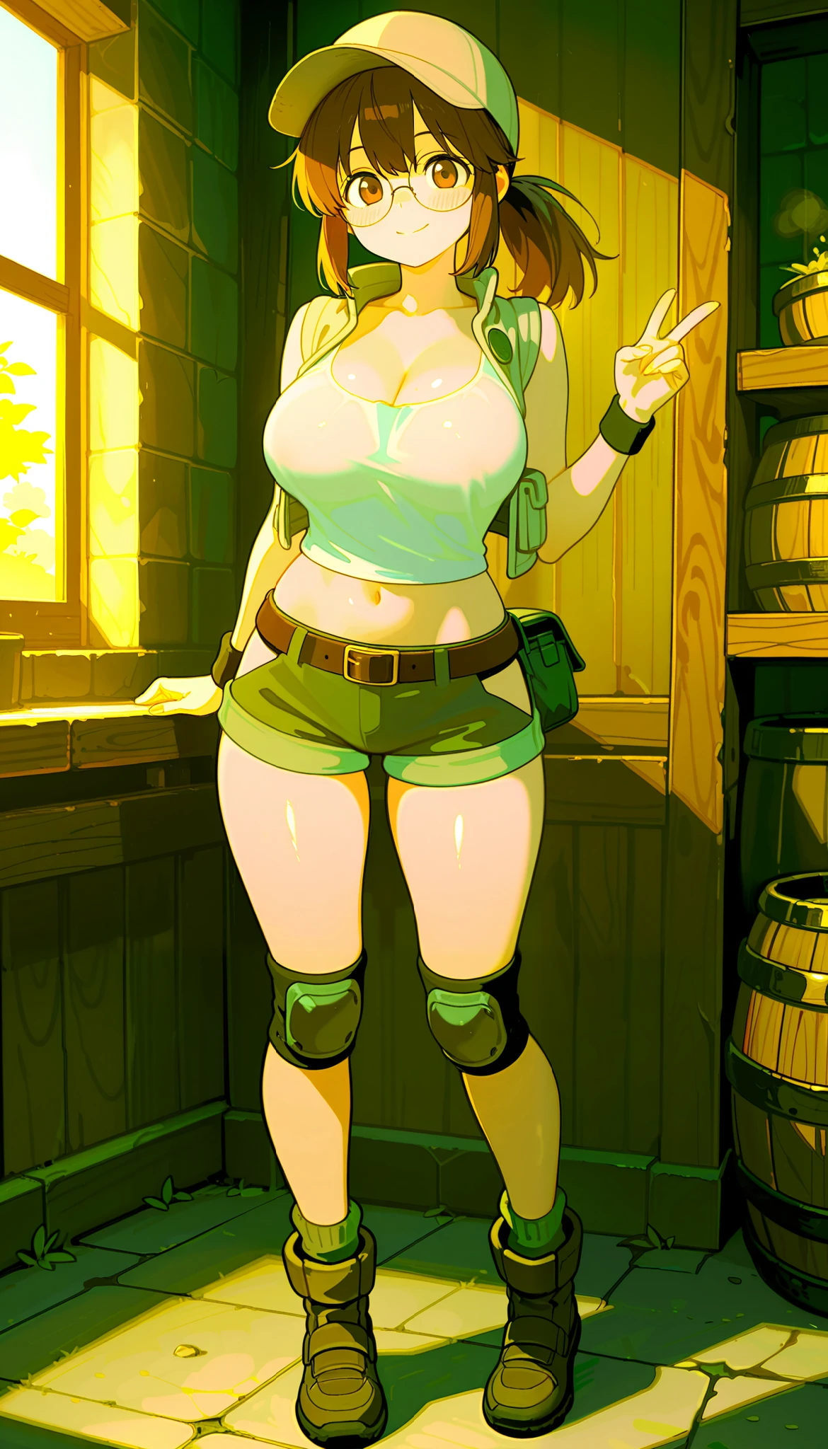 (masterpiece),best quality,amazing quality,very aesthetic,absurdres,newest,perfect body,shiny skin,perfect eyes,detail1eye,well-defined fingers,well-defined fingernails,anime style,indoors,1girl,solo,upper body,(portrait:1.5),looking at viewer,facing viewer,smile,blush,Fio Germi,baseball cap,brown headwear,beige hat,long hair,brown hair,ponytail,sidelocks,brown eyes,bangs,round eyewear,collarbone,cleavage,crop top,midriff,beige vest,tank top,large breasts,wristband,navel,belt,brown shorts,short shorts,shorts rolled up,hip vent,fanny pack,knee pads,boots,