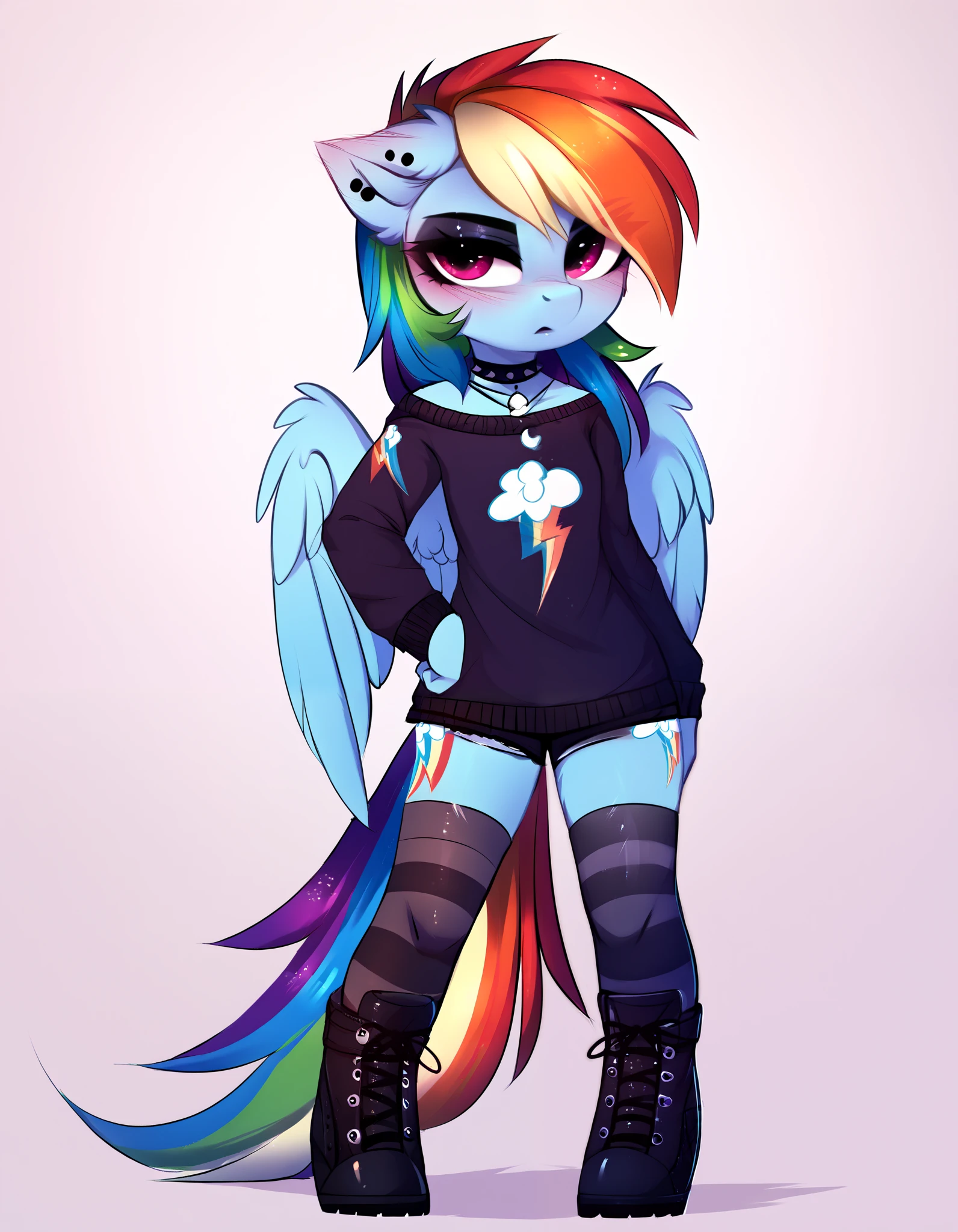 score_9, score_8_up, score_7_up, source_furry, rating_safe, by magnaluna, rainbow_dash_(mlp)  posing seductively in a goth bedroom, anthro, blushing, fullbody, full body