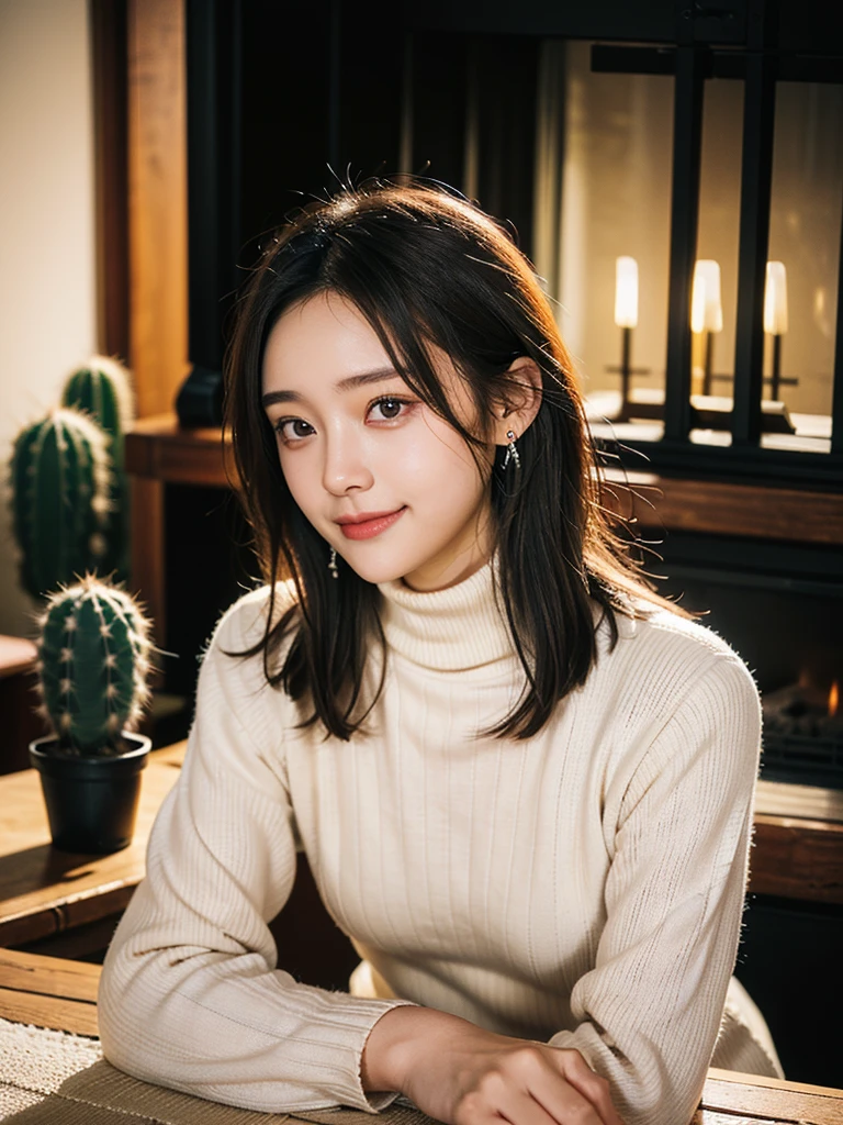( beautiful 21-year-old Japanese girl ), ( small chest:1.5),(solo, 1 GIRL, Textured Skin, detailed skin, high detail, best quality , more details, surrealism , RAW photos ,Photographicism, professional writing),(( black hair, dark eyes, natural makeup, Simple Earrings, seductive smile, short bob hair )),(((Night lights, room with fireplace, small potted cactus on table, turtleneck sweater)))