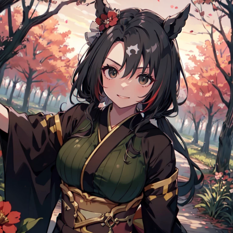 ((Bamboo forest full of fantastic light)),(Lanterns line the well-maintained wooden path),fluffy hair,((A dark-haired)),((Long curled hair)),Slightly red tide,((Green eyes)),(night light flashing from a lantern),((off-shoulder black and red kimono),((The hem of the kimono is long enough to touch the ground......)),((wide luxurious corset)),((Harness belt)),((Demon horns grow from his head)),((ogre)),sulky face,Kamimei,((Please look at me with a lantern)),(),