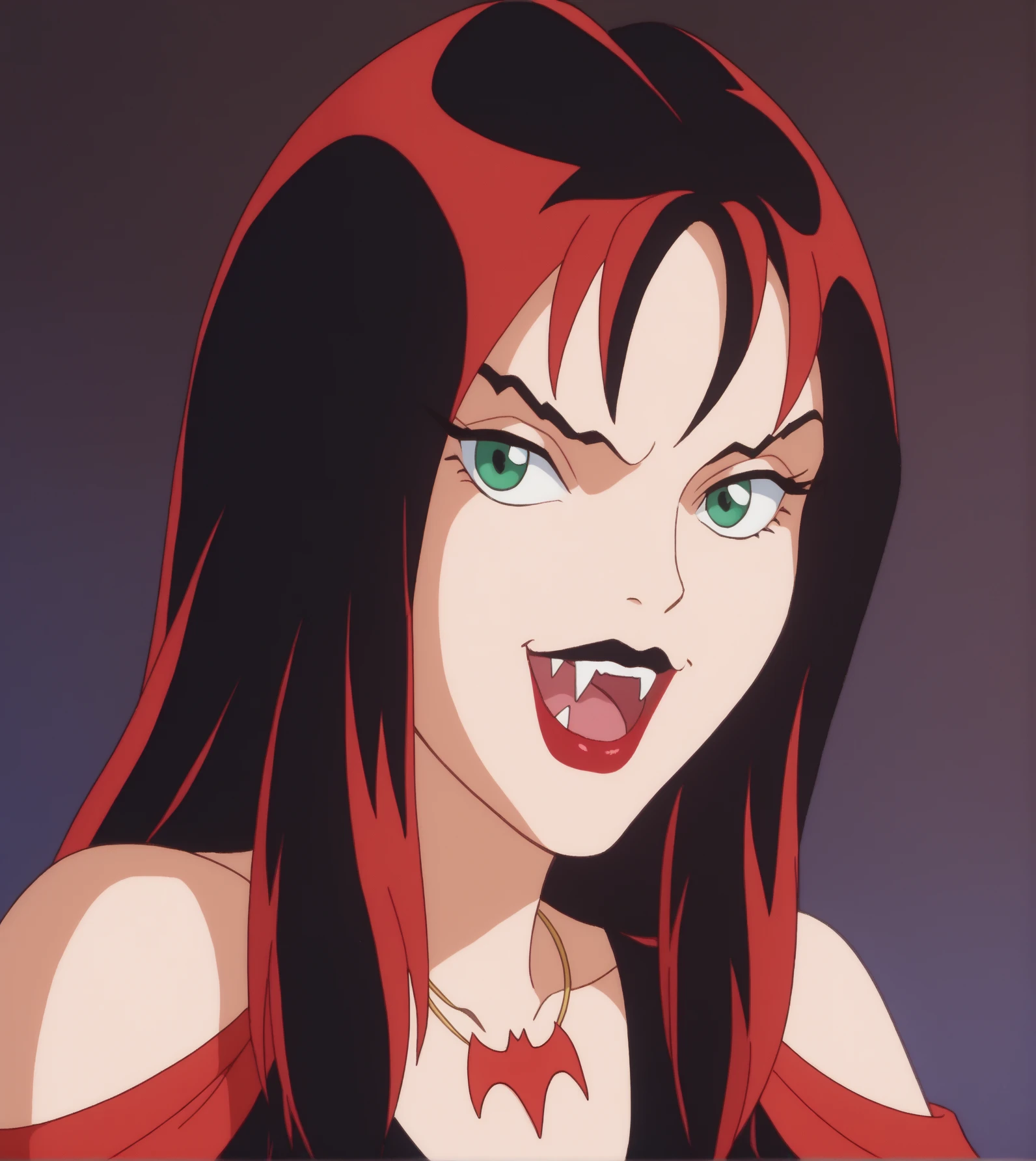 score_9, score_8_up, score_7_up, zPDXL, Thornhex, black hair, red highlights , SD90style, retro artstyle, source_cartoon, 2D, 1girl, red nails, blue eyes, red lips, black dress, long hair, looking at viewer, ???????, lipstick, makeup, upper body, smile, fill body