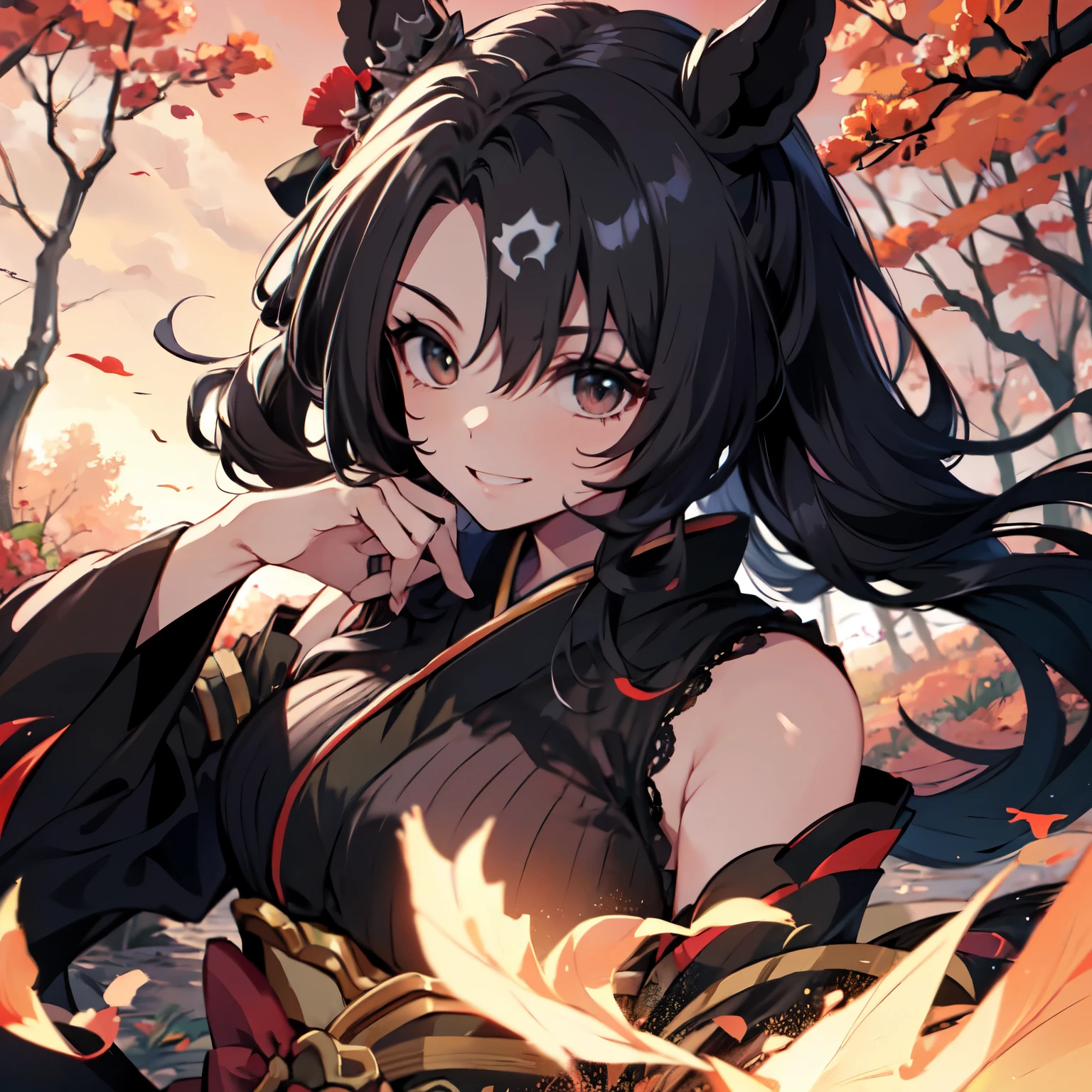 ((solo、alone))、(Focus on the chest、Breast、 close-up)、( horse ears),((Kunoichi Ninja))、(( super long hair)),(( kimono))、(red flower hair ornament )、(Red Sky、 in the woods)、(smile、 Dynamic arm-folding pose)