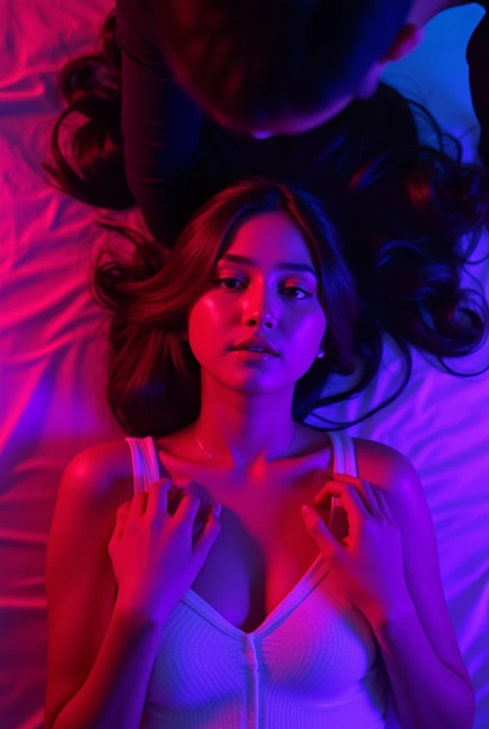 Blood red room, Flashing white TV screen, BUDDHA STATUE, cabelos preto e longos, with hair dishevelled, Cover one eye and face, Bright red eyes, Wearing a white transparent robe, Looming full breasts,liquor,Devil, reaching out her hands,Straighten your body, Red nails are exposed, Pinch the camera, hyper HD, Anatomically correct, Textured skin, Super detail, High details, High quality, A high resolution, 8K, hyper HD, Anatomically correct, Textured skin, Super detail, High details, High quality, Best quality, 8K,Leishnampo,Room 2,Horror